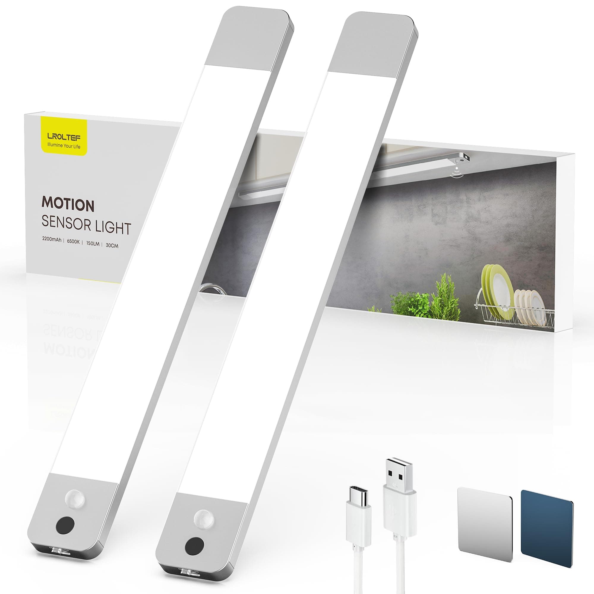 LROLTEF Luce LED Sottopensile Cucina - 30CM 2200mAh Luci con Sensore di Spostamento Manuale & Sensore di Movimento - Armadio Lampada Dimmerabile per Cucina Scale Soggiorno Camere da Letto | 2 Pezzi