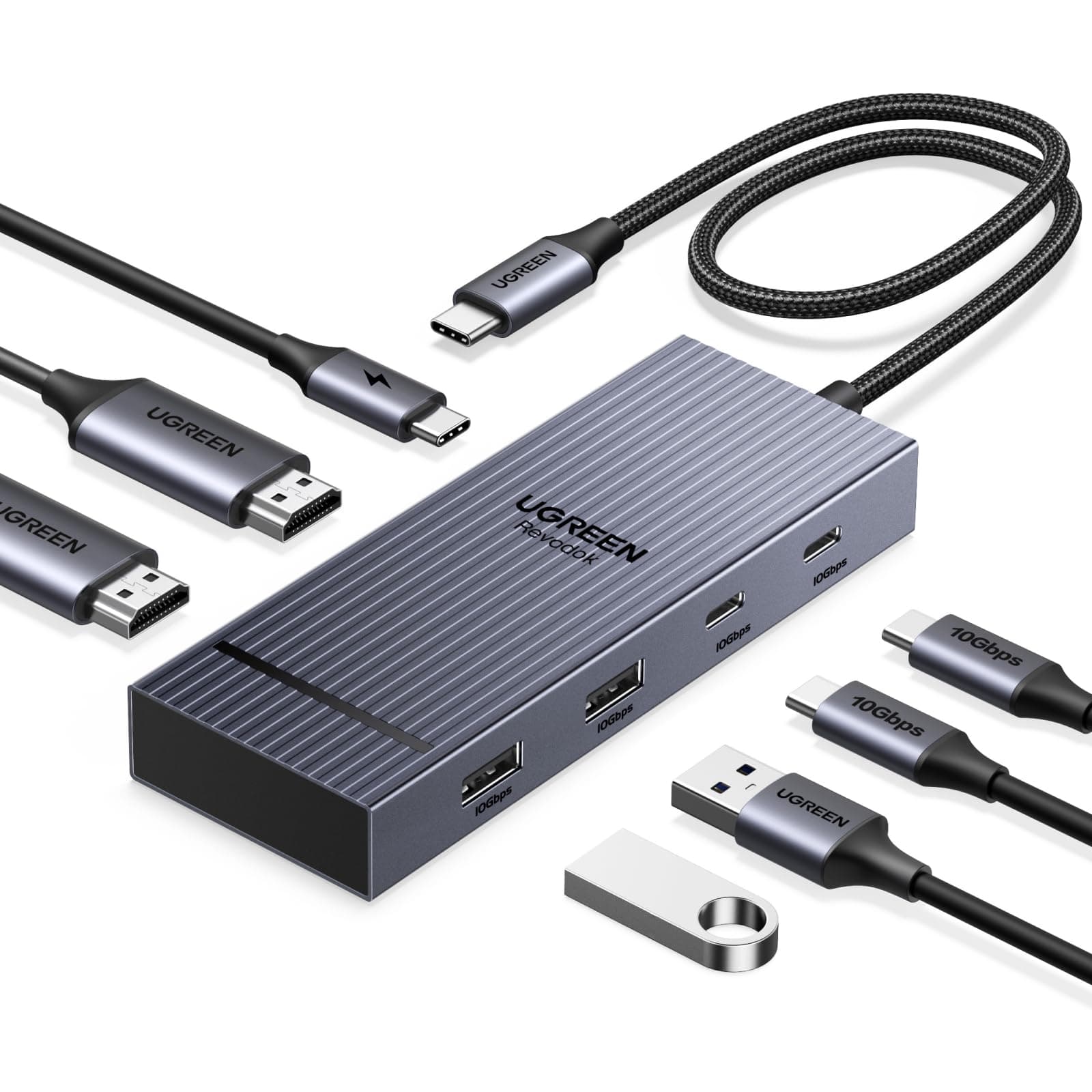 UGREEN Revodok Pro 207 10Gbps USB C Hub 2HDMI 4K@60Hz Docking Station Dual Dsiplay mit 2*USB A 3.2 & USB C 3.2 PD 100W Kompatibel mit XPS 13/15, Chromebook, X1, Surface Pro 9 usw.