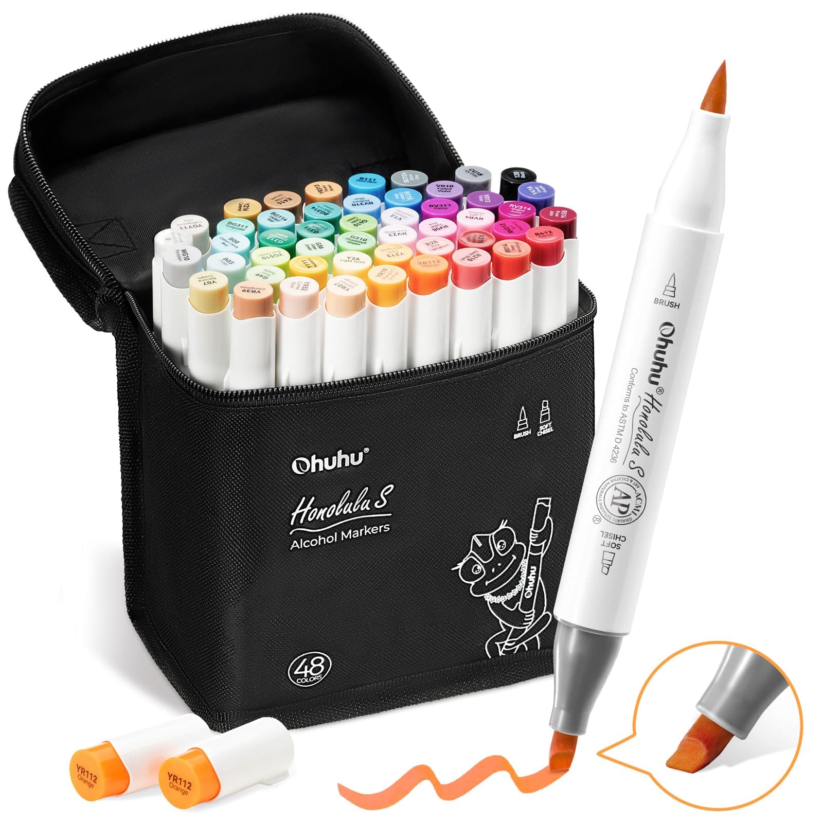 Ohuhu Markers, 48+1 pinceles de colores y cincel suave, puntas de doble punta, mezcla sin costuras, tinta recargable, rotuladores de alcohol, punta de pincel para artistas - Honolulu S Series