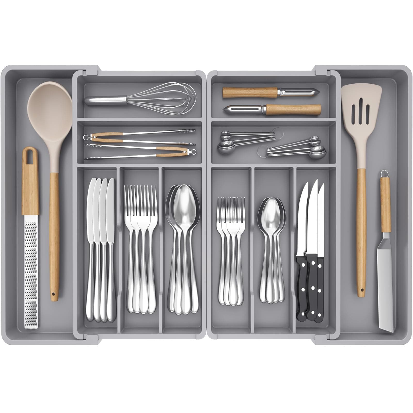 Lifewit Große Besteckkasten für Schubladen, Einstellbar Breite 46,3-70 cm, Tiefe 42 cm, 10-12 Fächern, Abnehmbarer Kunststoff Schubladen Organizer Küchen für Messer Gabel Löffel, Grau