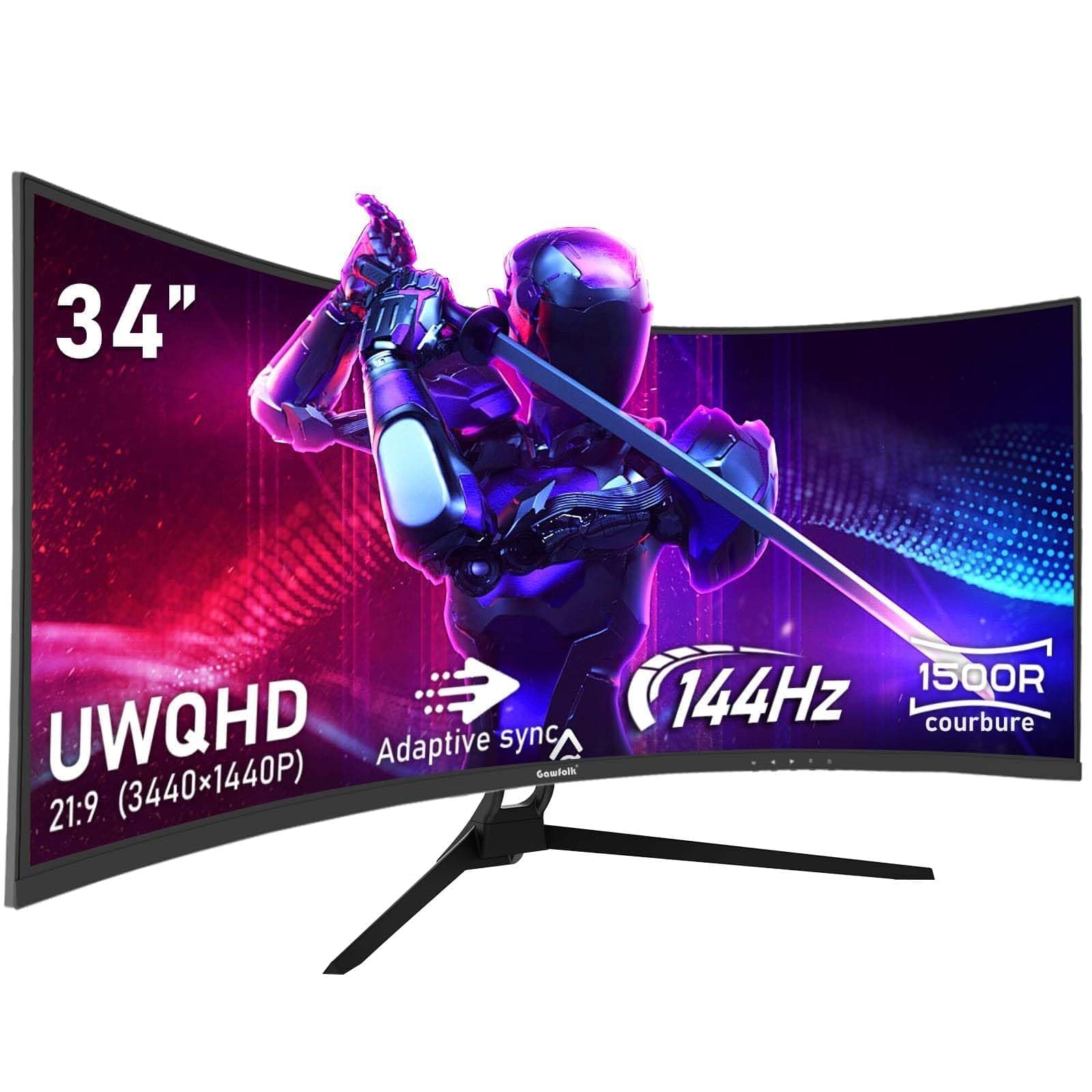 Gawfolk 34 Pouces PC Écran Ultra Large 1500R incurvé 144Hz Gaming Computer Moniteur,21:9 UWQHD(3440x1440),Adaptive Sync，HDR，178 ° Angle Vue，DisplayPort、HDMI，VESA 75 * 75MM -Noir