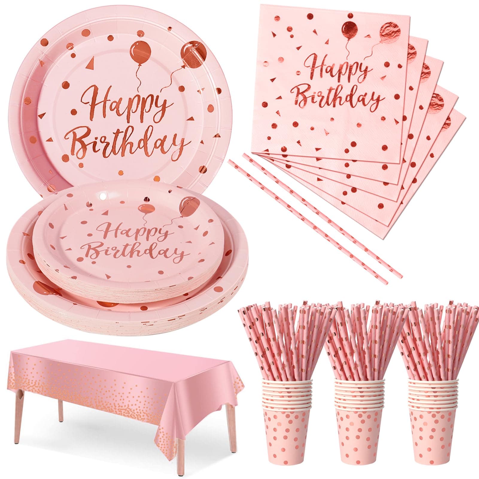 Nkaiso Anniversaire Party Vaisselle,121pcs Pink et Rose Or Kit Vaisselles Papier Assiette Tasse Serviette, Enfants Fête Anniversaire Décoration -24 invités