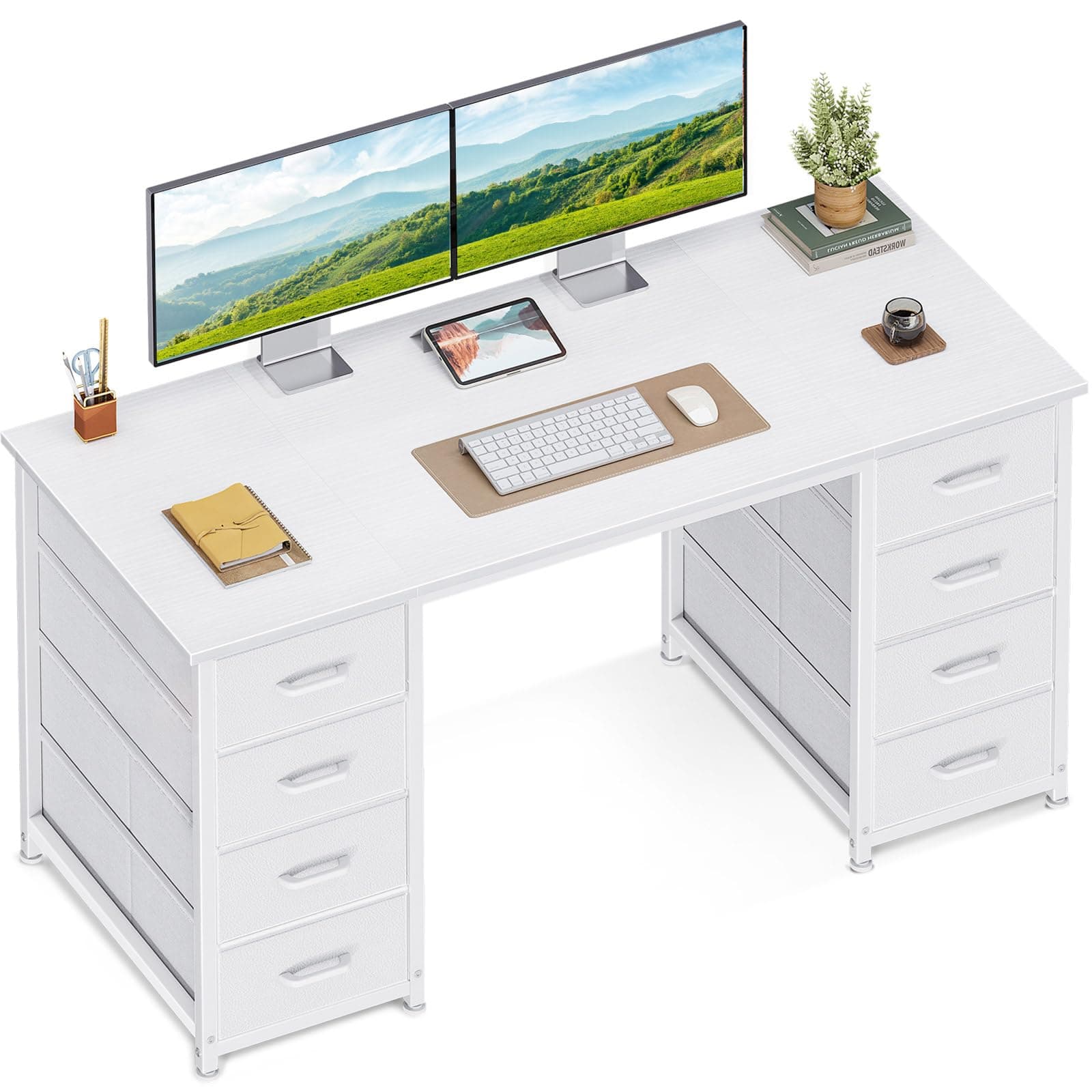 Coleshome Escritorio con 8 Cajones de Tela, 120x48cm Escritorio de Ordenador Mesa Escritorio de Espacio Mesa de Oficina para Oficina en Casa, Blanco
