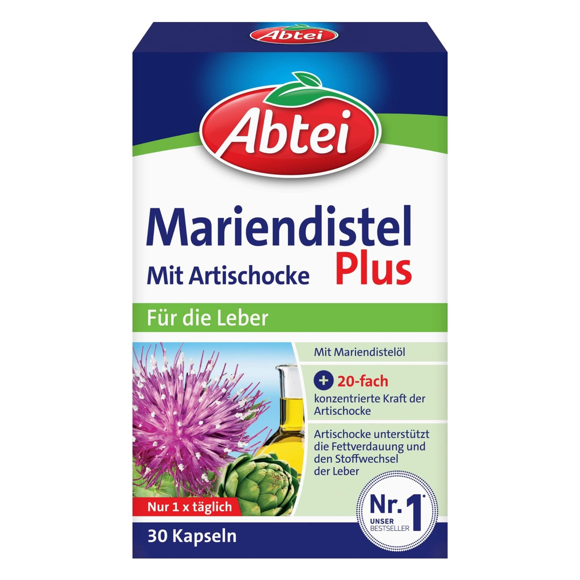 Abtei Mariendistel Plus mit Artischocke - unterstützt die Leberfunktion - fördert die Fettverdauung - laborgeprüft und natürlich wirksam - 30 Kapseln, Verdauungssystemsgesundheit