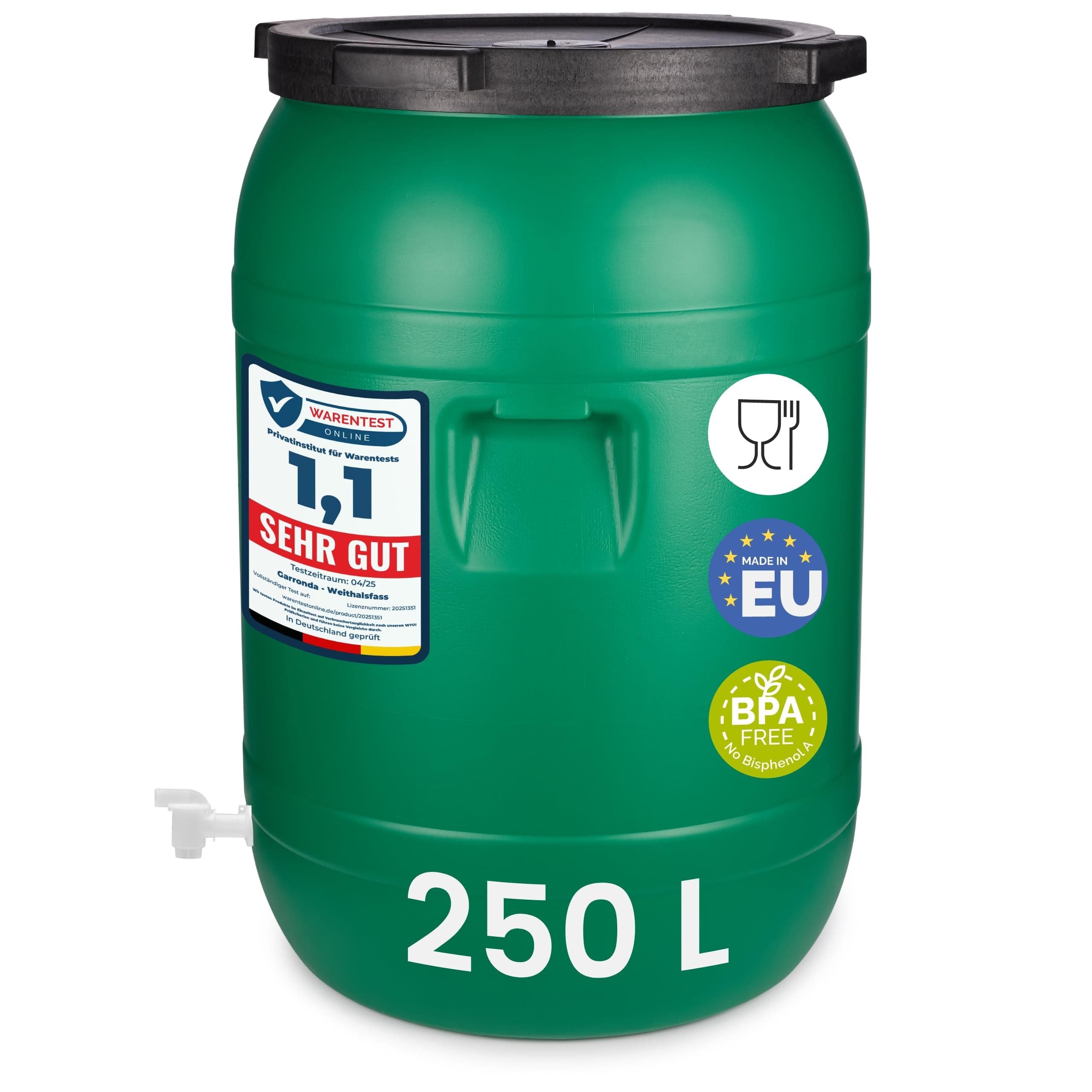 Garronda 250 litros con Grifo Bidón de plástico, Barril alimentario en HDPE y sin BPA, depósito de Agua, Barril Universal de Boca Ancha, tonel de jardín, Contenedores de Almacenamiento GD-0142, Verde