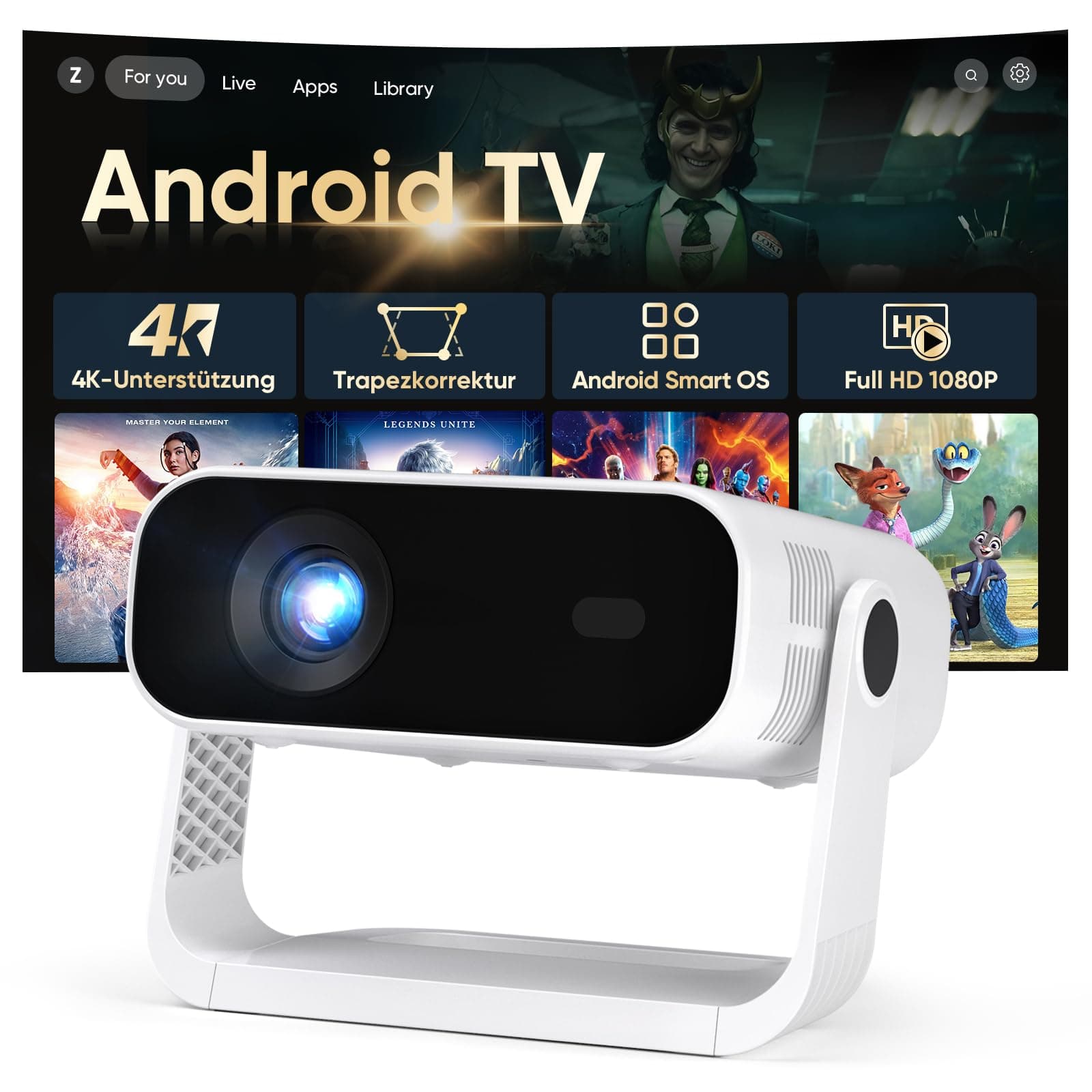 2026 Neuer Smart Mini Beamer Integrierte APP, Android 14, Full HD 1080P, unterstützt 4K-Decodierung, 20000 Lumens, Automatische Trapezkorrektur, WiFi6 & BT5.2 ，Beamer 4K Heimkino für Handy/HDMI/PC