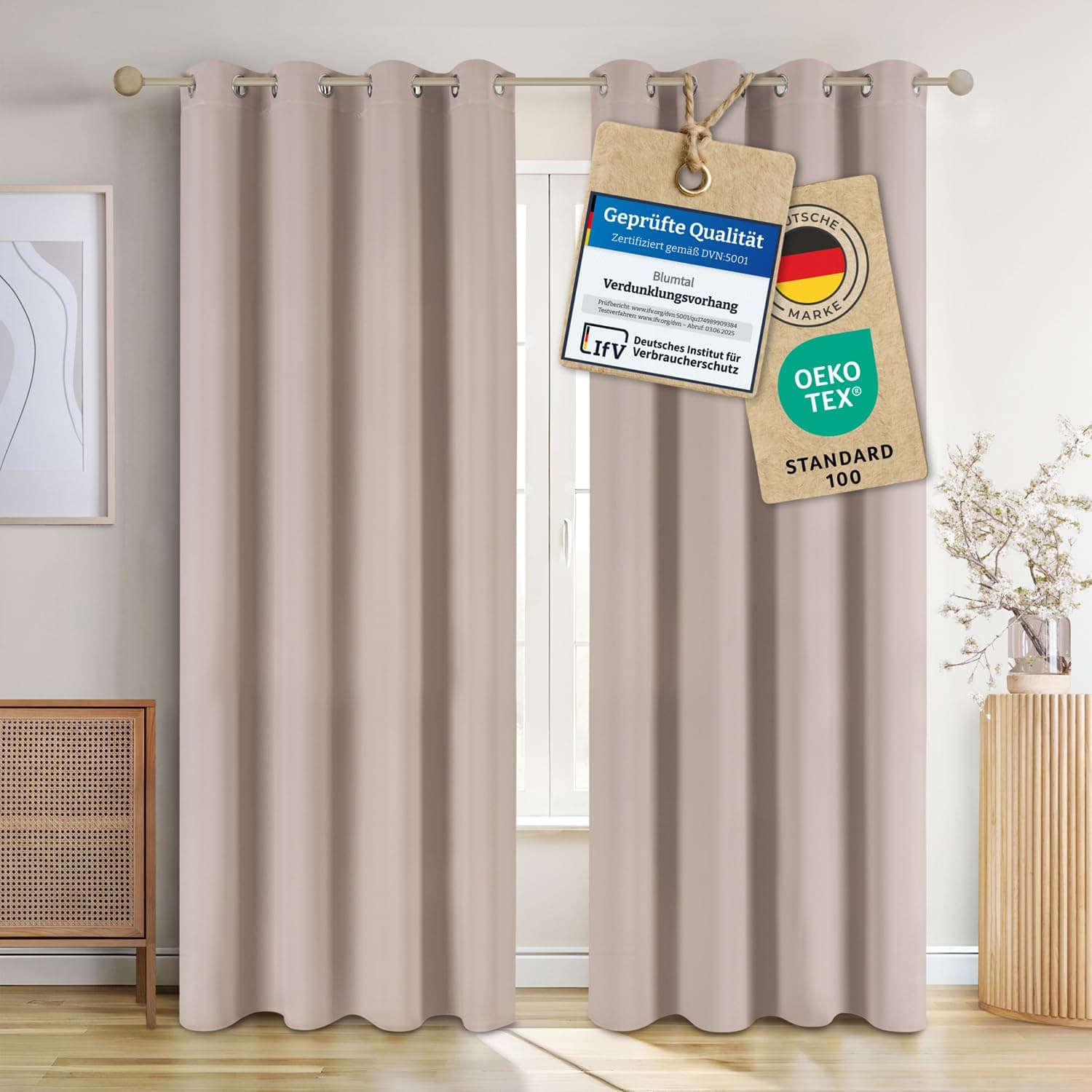 Blumtal Verdunklungsvorhänge 2er Set - Thermovorhang Hitzeschutz - Vorhang Blickdicht mit Ösen - Gardinenschals mit Schlaufen - Curtain - Gardinen 175x140cm - Gardienenschalset 2er - Vorhang Taupe