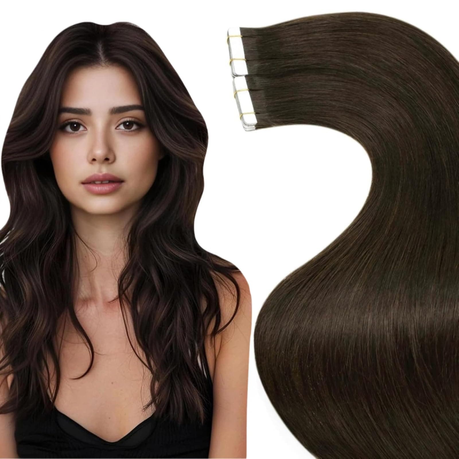LaaVoo Extension Biadesive Capelli Veri 40cm 20pz Castano Scuro Extension Capelli Biadesivo Lisci Remy Extension Capelli Veri Invisibile Adesive 40g #2