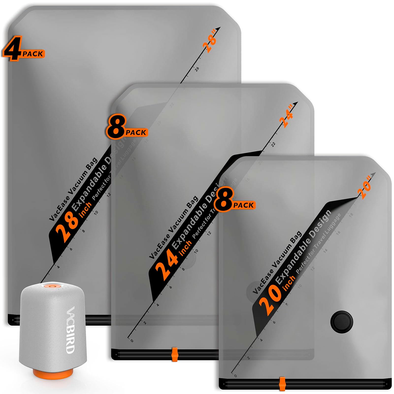 Vacbird Sacchetti Sottovuoto Vestiti Con Pompa Sottovuoto Senza Fili, 20 Pezzi (8 * 40x54cm, 8 * 47x64cm, 4 * 54x74cm), Buste Sottovuoto Vestiti Salvaspazio – Ideali per Viaggi e Organizzare Bagagli