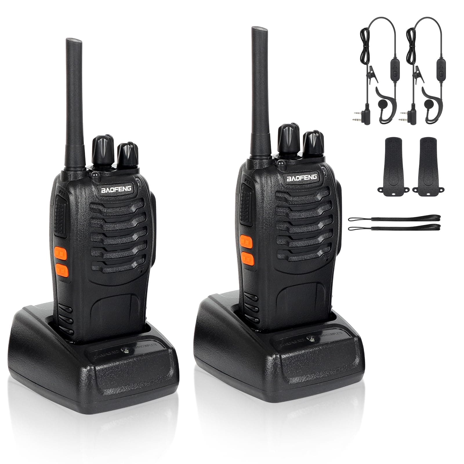 RKK Walkies Talkies Profesionales 16 Canales CTCSS DCS, Recargables 1500mAh con Cargador USB, Radiocomunicación con el Auricular Incorporado Antorcha de LED, VHF, Negro BF-88E