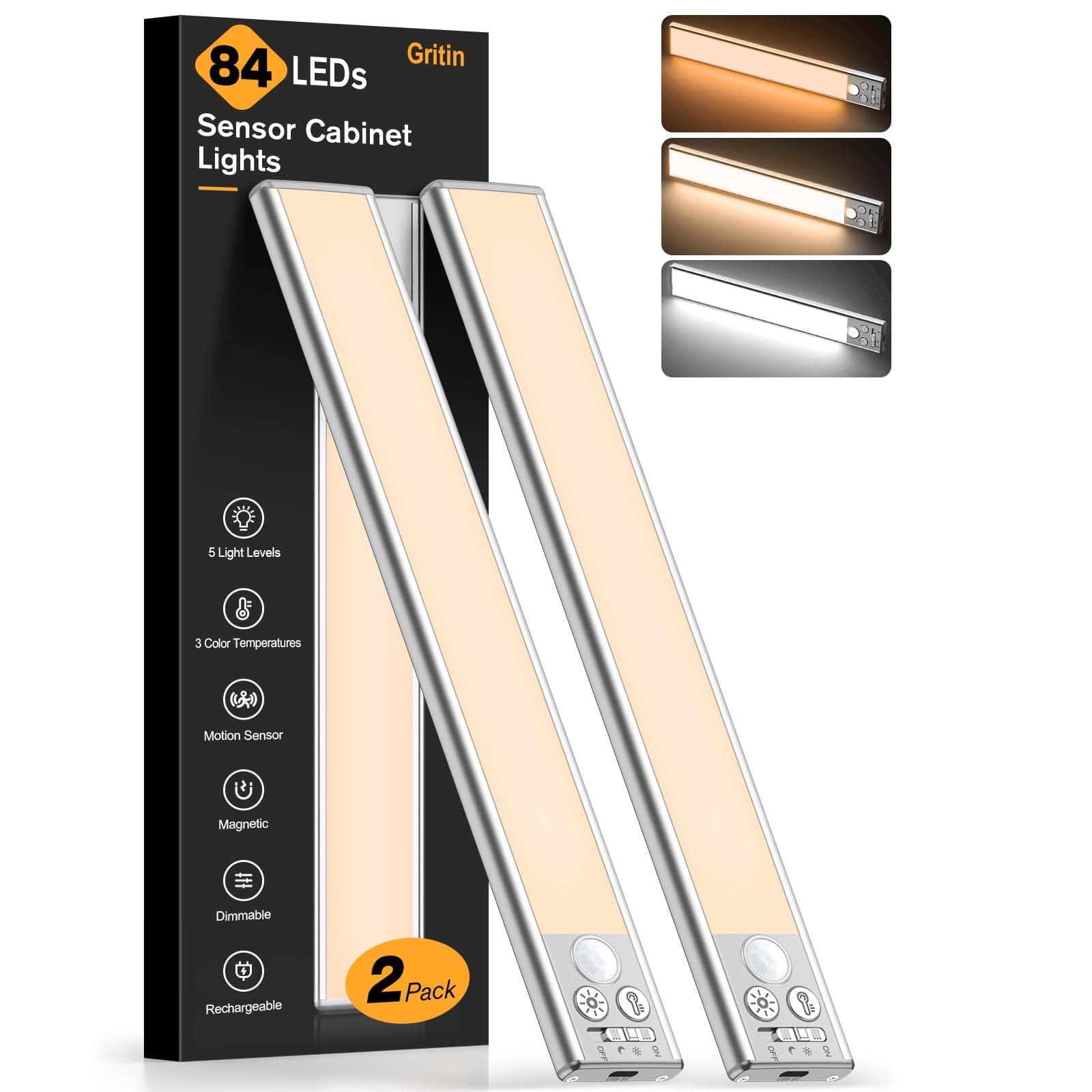 Gritin Luz de Armario Recargable, 26CM Superbrillantes Luces Cocina - 3 Colores & 5 Niveles de Brillo, 4 Modos, Sensor Movimiento, Larga Duración, Fácil Instalación, Luces Armario Magnéticas-2 Pack