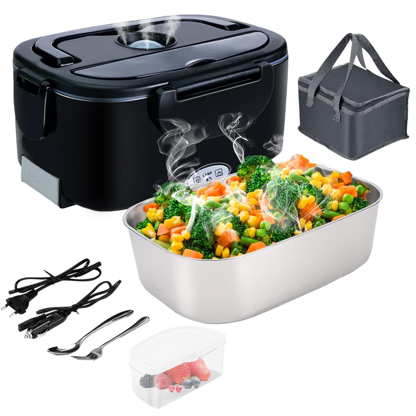 Gentre Lunch Box Elettrico Portatile Scaldavivande per Auto Camion e Ufficio 4 in 1 12V/24V/220V~240V 1.5L 60W Porta Pranzo in Acciaio Inox, Scomparti, Forchetta Cucchiaio e Borsa Per il Trasporto