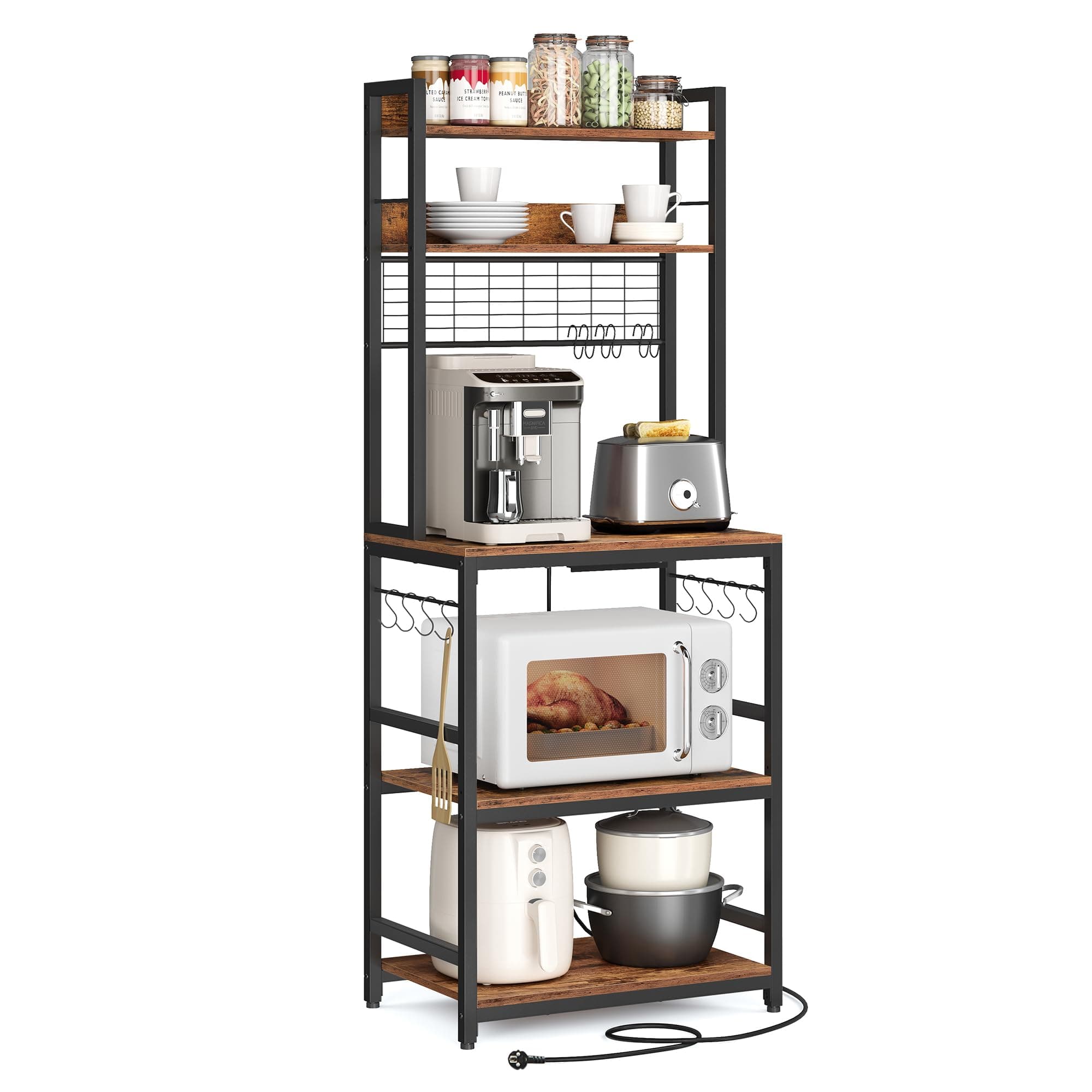 VASAGLE Scaffale Cucina con Multipresa, Scaffale per Microonde, Mobile Cucina, con Pannello a Rete Metallica, 14 Ganci, 40 x 60 x 170 cm, Marrone Vintage e Nero KKS037B01EU