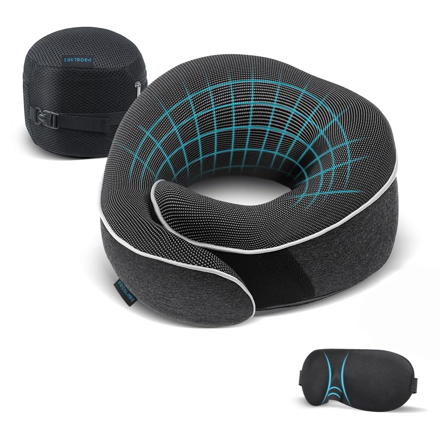 Proglobe Almohada Cervical de avión, Almohada de Viaje 100% Espuma viscoelástica, Almohada Cervical ortopédica, para Viajes con avión, Coche, Tren, con Antifaz 3D, Bolsa de, Gris Oscuro