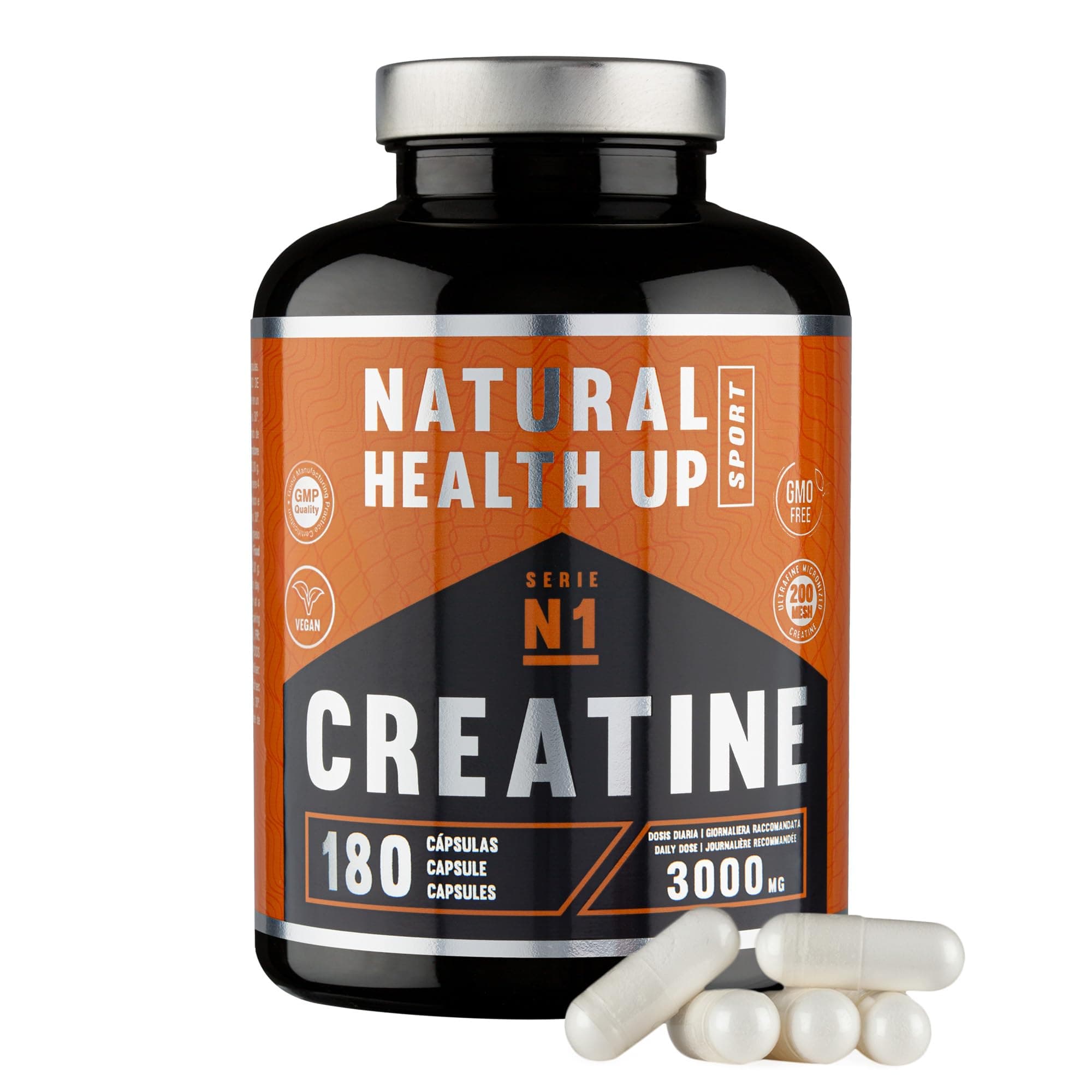 Creatina monohidratada – Complemento alimenticio que facilita el aumento de la masa muscular y refuerza la resistencia y mejora el rendimiento físico. No-GMO |100% Vegano | GMP QUALITY - 180 cápsulas