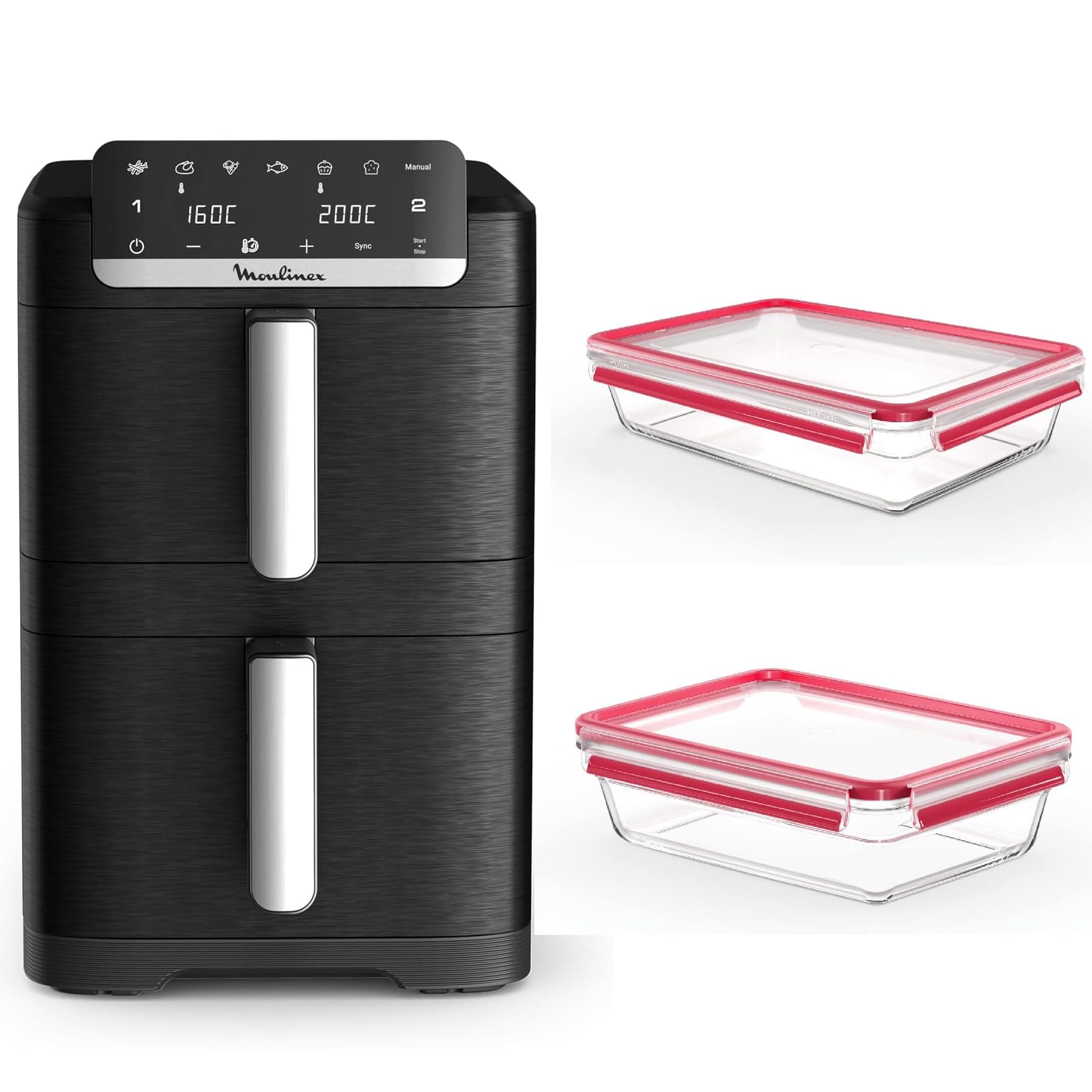 Moulinex Air Fryer Crispy Stack, 10 L, 2 tiroirs verticaux 6L et 4L, 7 programmes intuitifs, synchronisation des cuissons, Noir EZ7528F0 + Emsa Clip&Close lot de 2 Boîtes en verre, 2 L et 3L