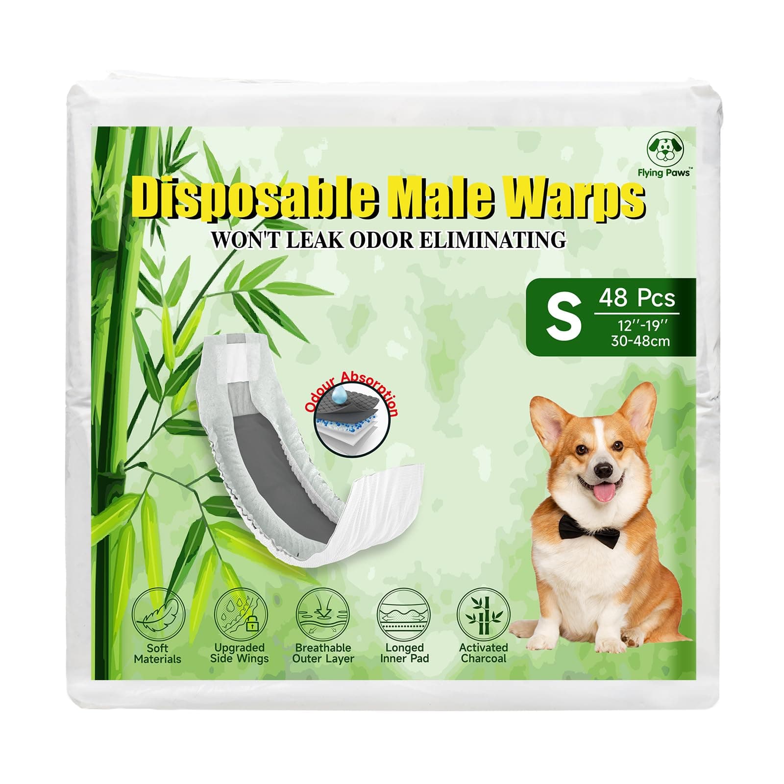 Flying Paws Pannolini per cani maschi, S-24 usa e getta con carbone attivo, neutralizzazione degli odori, pannolini morbidi e traspiranti, pantaloni per incontinenza per cuccioli S-24 Count