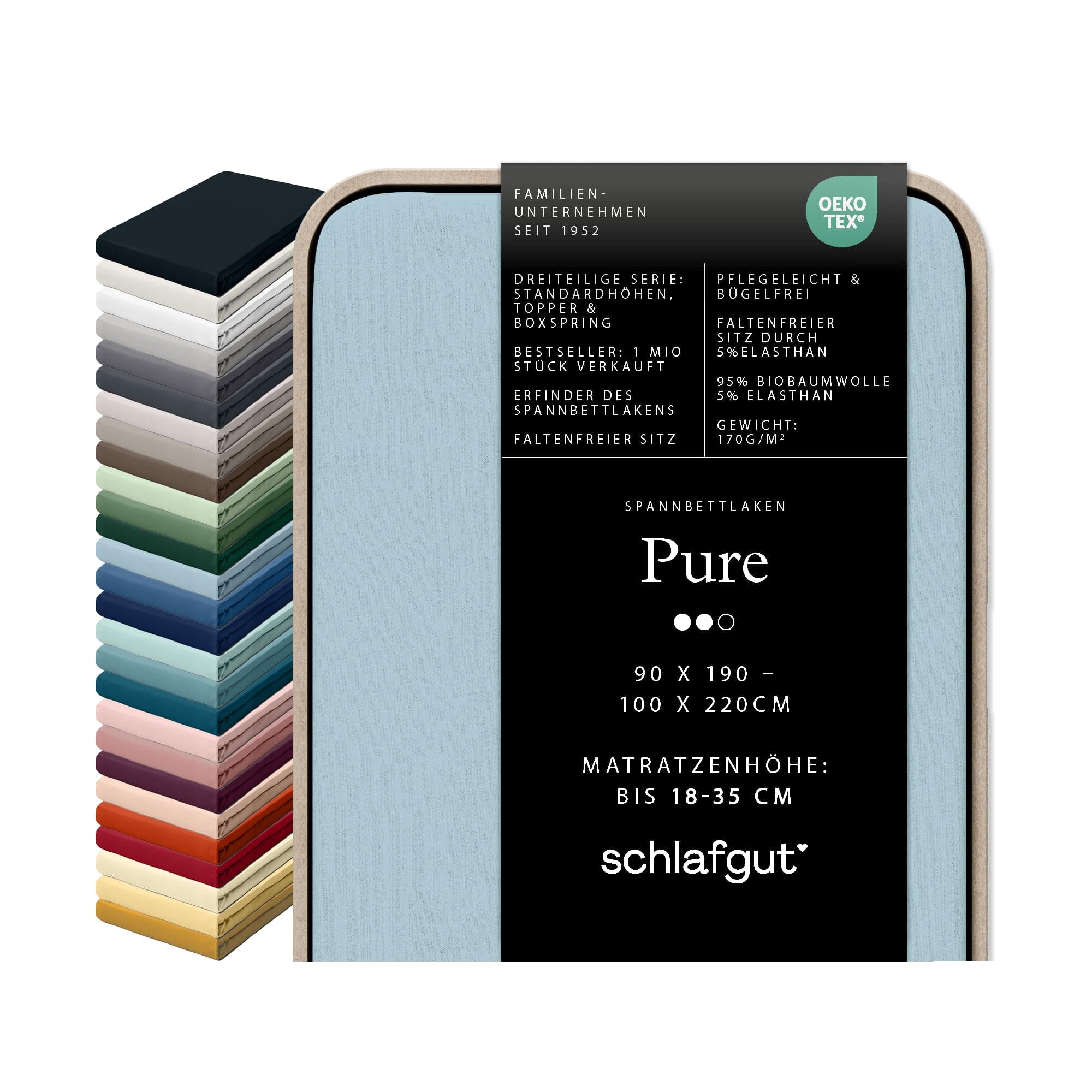 schlafgut Pure Spannbettlaken 95% Bio Baumwolle & 5% Elasthan Made in Green by Oeko TEX (90x190cm bis 100x220cm Matratzenhöhe von 18 bis 35 cm, Blue Light)