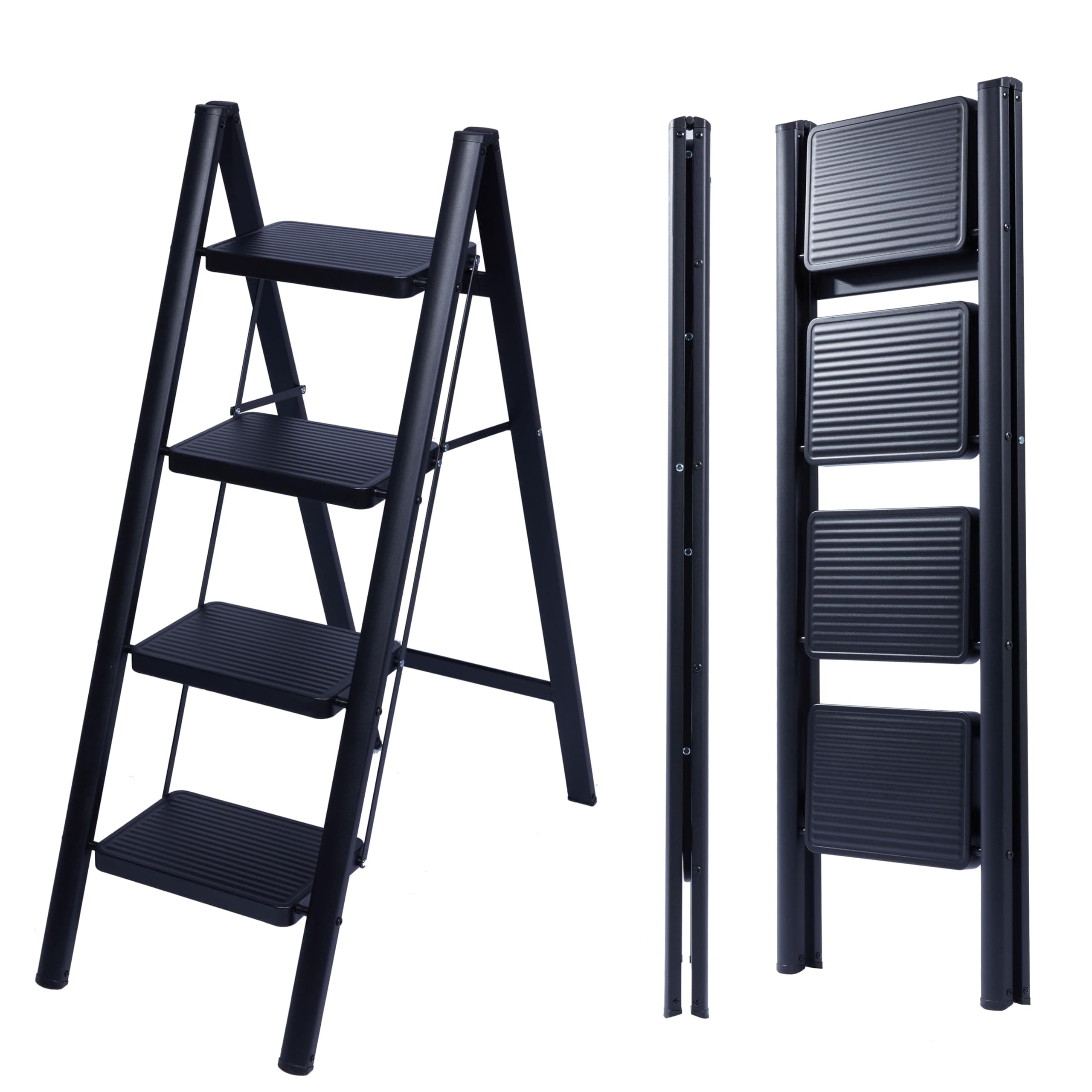 UZIRO Escalera Plegable 4 Peldaños, Escaleras Decorativa, Peldaños Anchos Antideslizantes, Ideal para Uso en Hogar, Cocina y Oficina, Fácil de Guardar y Transportar, Resistente (Negro, 4 Peldaños)