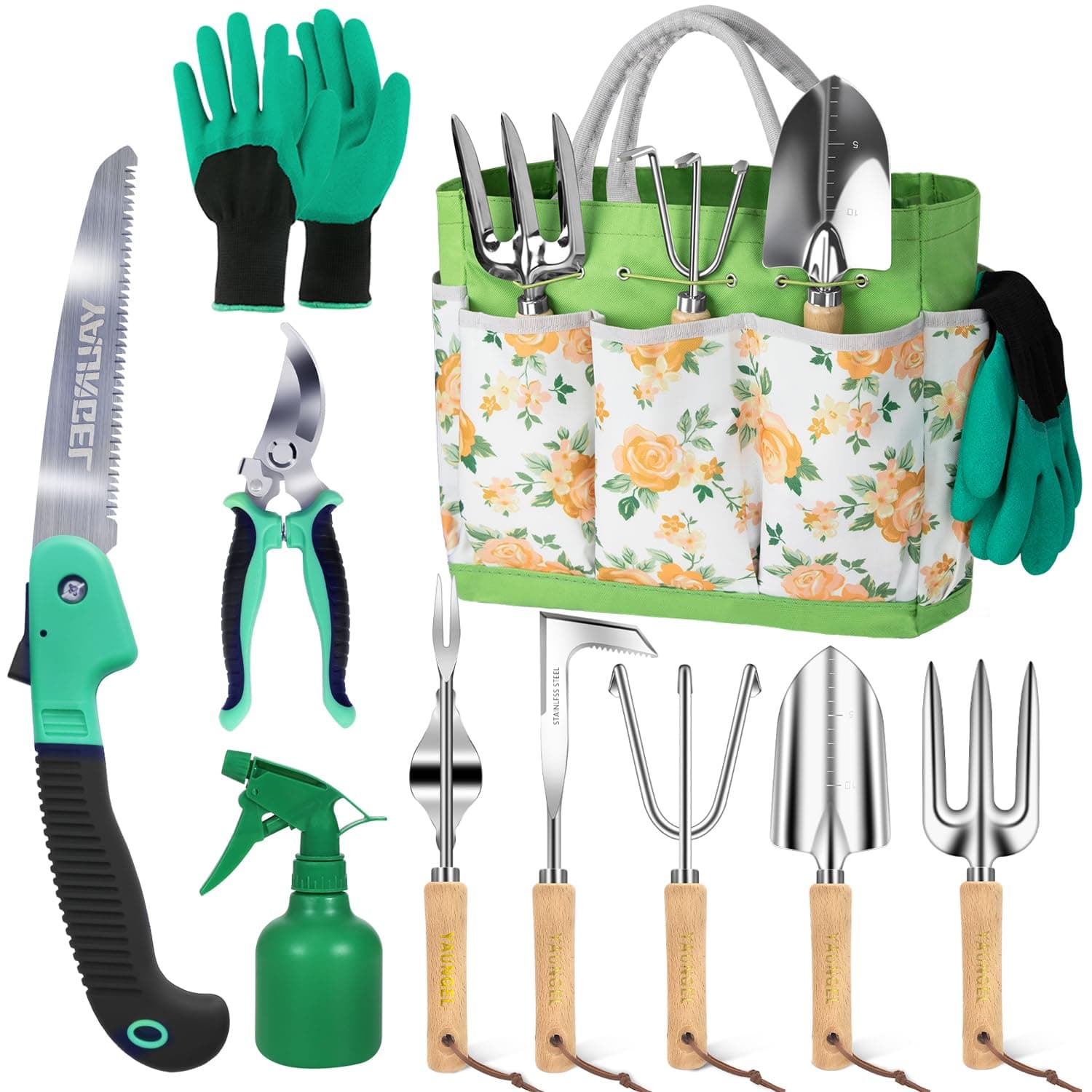 YAUNGEL Set di attrezzi da giardinaggio, 10 pezzi utensili resistenti in acciaio inossidabile con manici antiscivolo in legno, strumenti da giardinaggio per donne e uomini