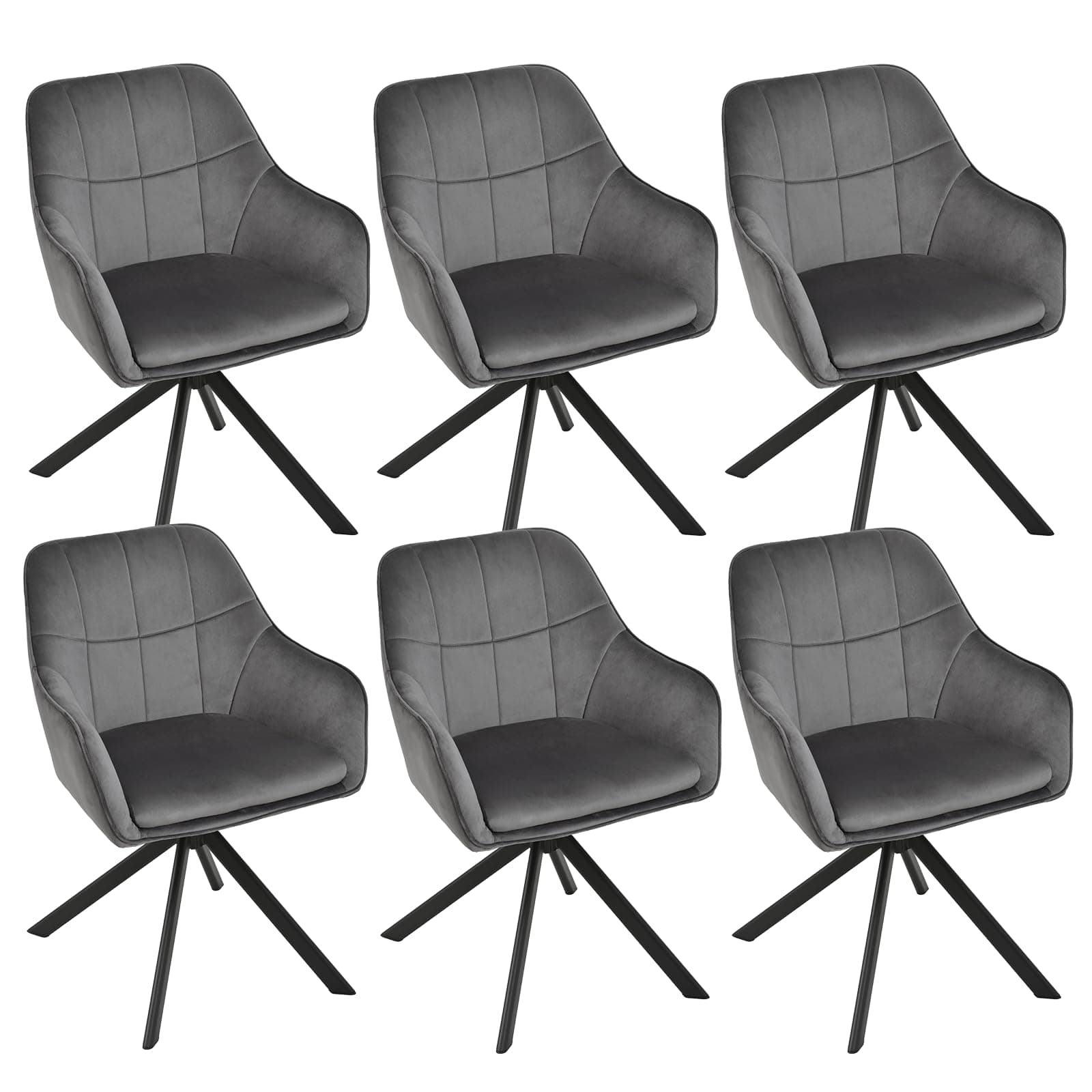 Goeurvant Lot de 6 Chaises Pivotantes 360° en Velours avec Accoudoirs – Chaise de Salle à Manger Pieds Métal pour Cuisine Bureau Salon,Gris Foncé