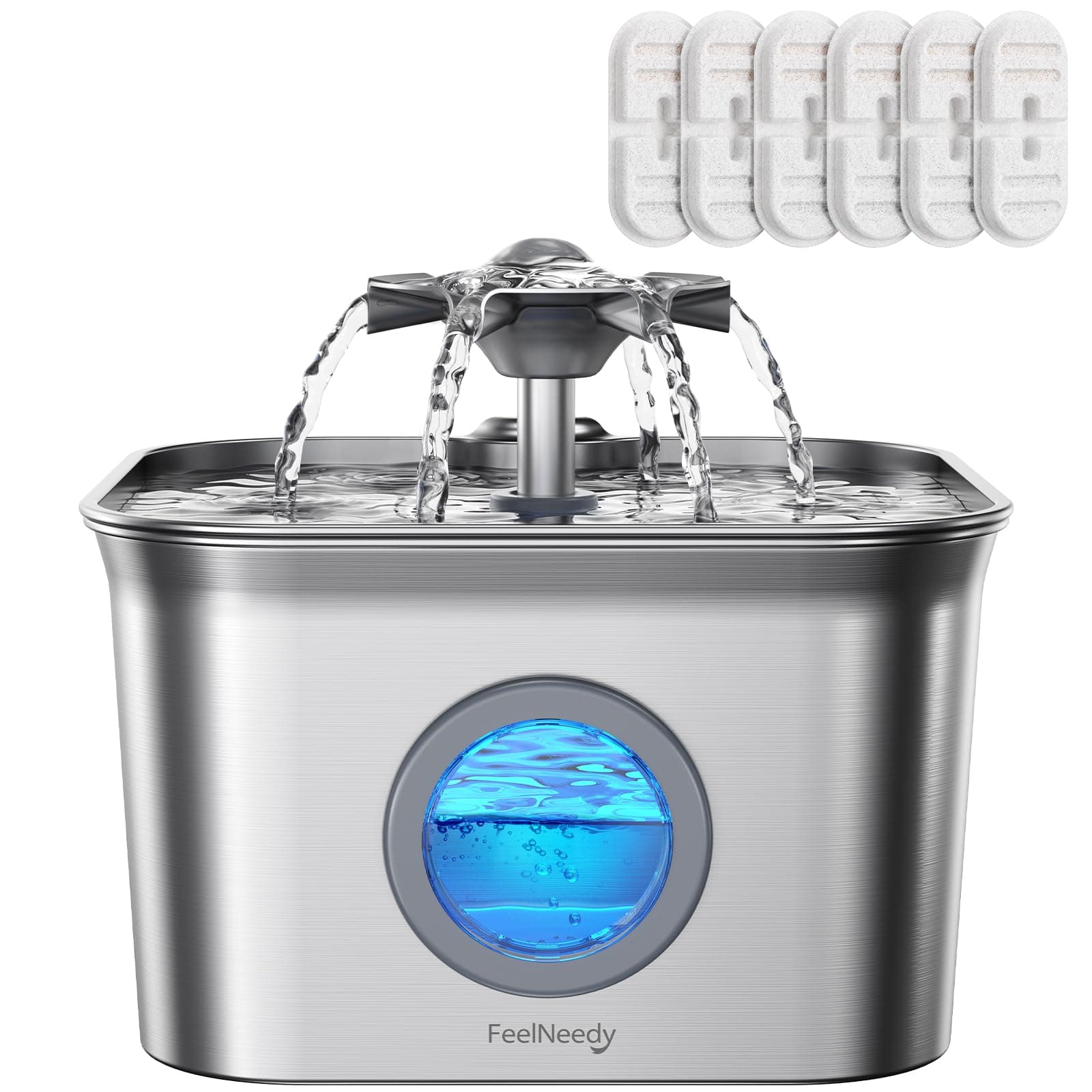 2.8L Fuente para Gatos Acero Inoxidable con 6 Filtros, FEELNEEDY Bebedero Gatos Ultra Silencioso, Filtración de Cuatro Capas, Fácil de Limpiar, Apta para Lavavajillas
