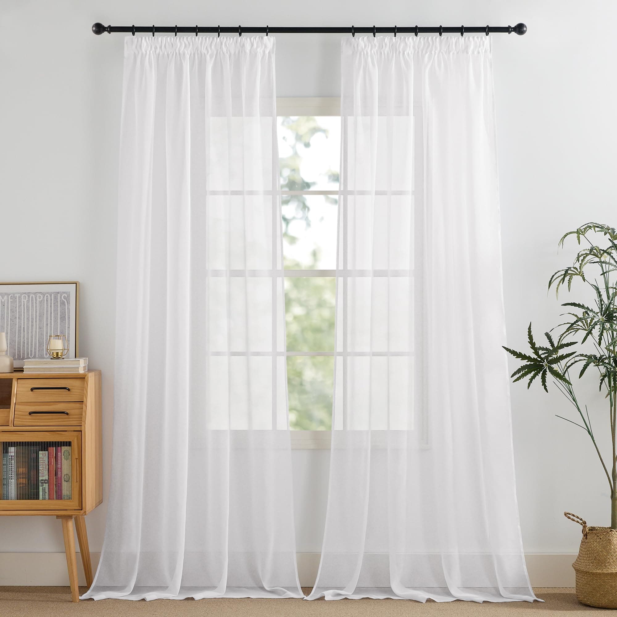 PONY DANCE Weiße Gardinen mit Kräuselband für Schienensystem 2er Set H 245 x B 140 cm Leinenoptik Gardine Transparent Vorhänge Durchlässig Sheer Curtains