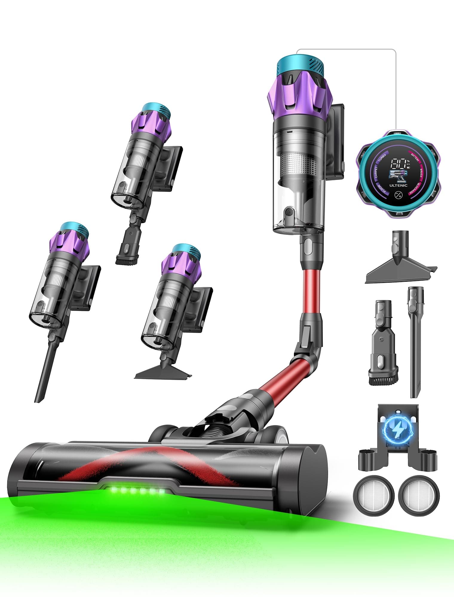 Ultenic Akku Staubsauger 55000Pa/600W/80Min, 1,6L Staubsauger Kabellos mit Multi-Zyklon-Filtration, Touchscreen, Anti-Tangle-Bürste, Wandladestation, Selbststehend，für Tierhaare/Teppiche/Hartböden,Rot
