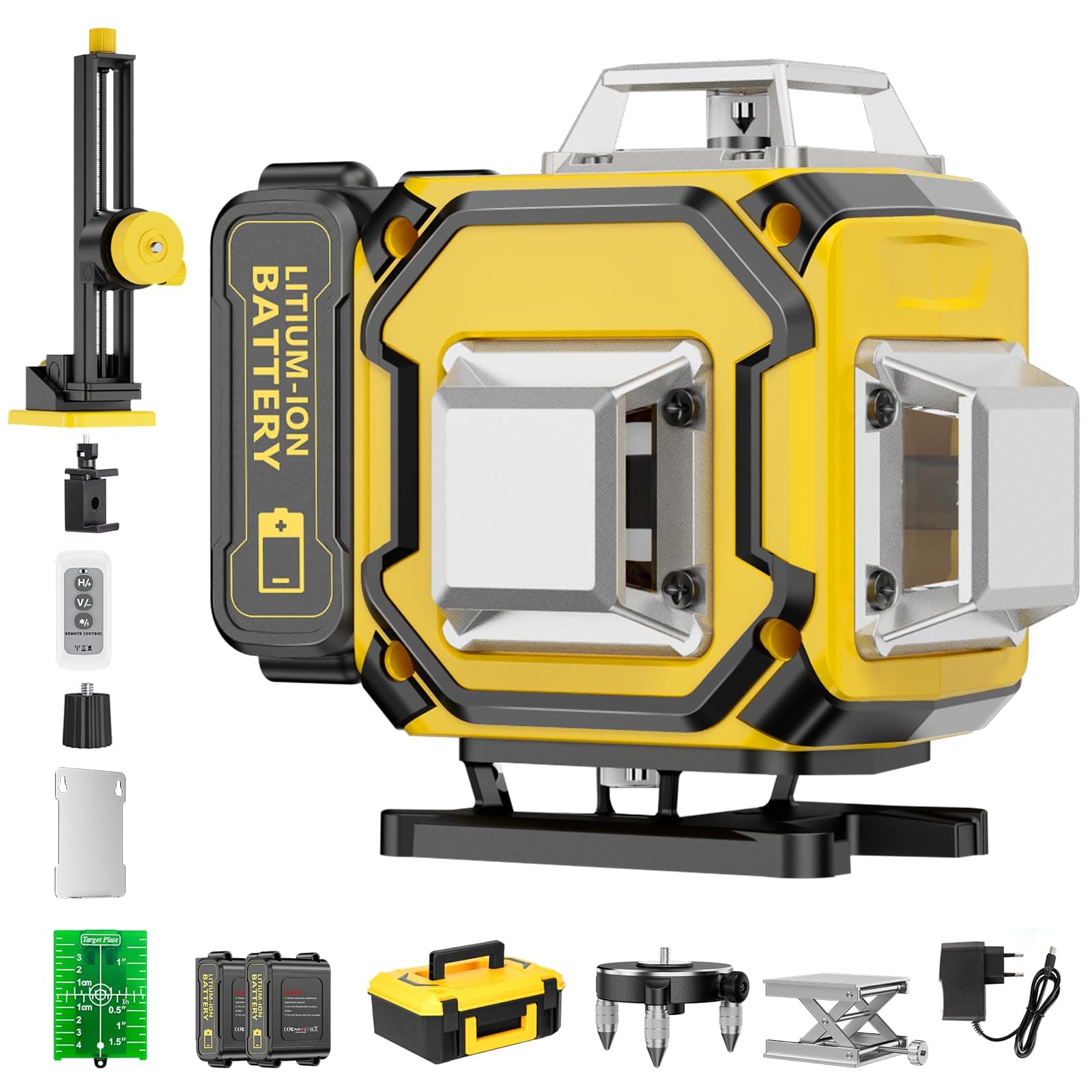 Nivel Laser Autonivelante 360 Grados, Nivel Láser Verde 16 Líneas, 2 x 360 Horizontal y 2 x 360 Verticales, 2 x Batería, Montaje en Pared, Control Remoto, Base Magnética, Soporte Giratorio