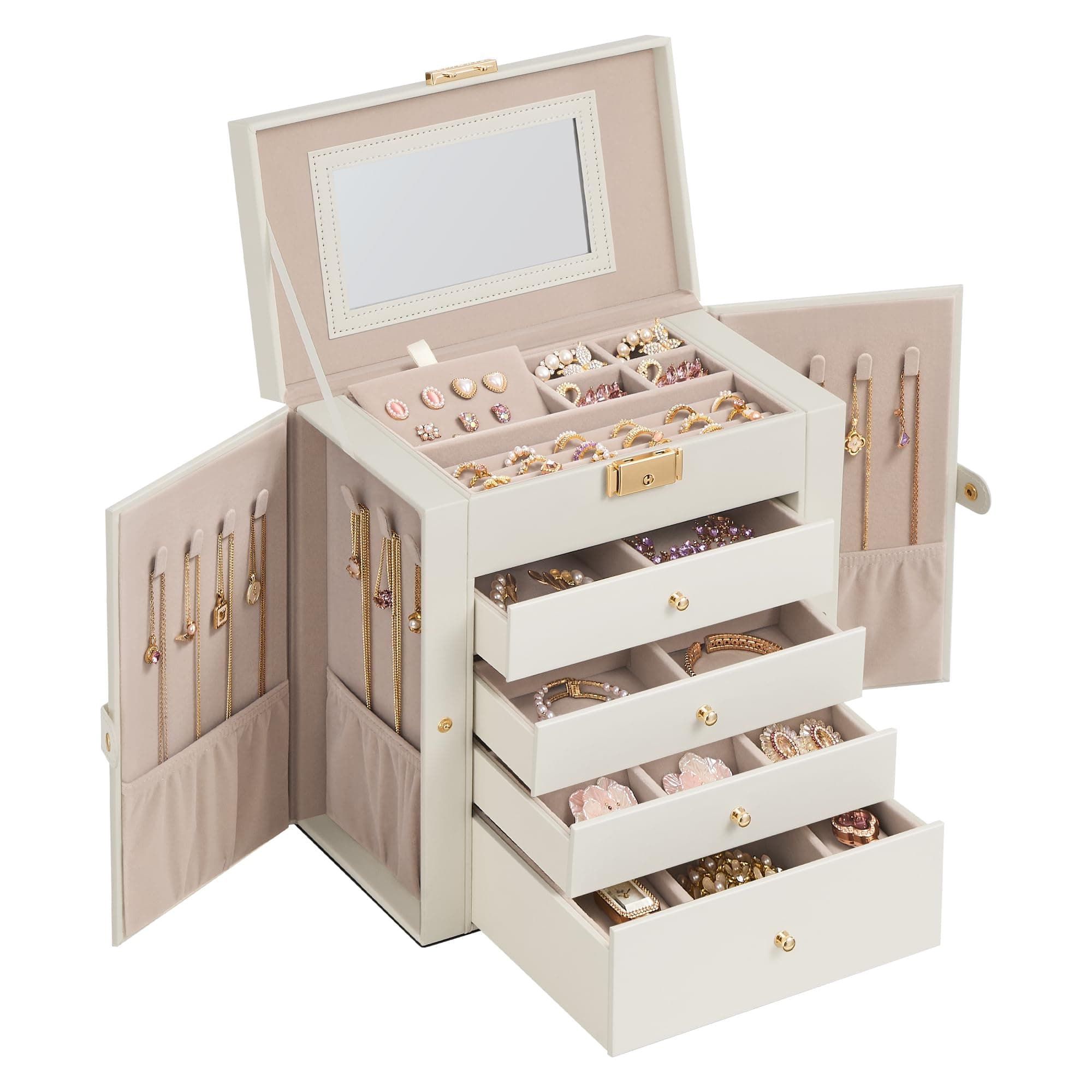 SONGMICS Schmuckkästchen 5 Ebenen, Schmuckkasten mit 4 Schubladen, viel Stauraum, innen mit Spiegel, abschließbar, Schmuckaufbewahrung, Geschenk für Ihre Liebsten, für Uhren, weiß JBC153WD03