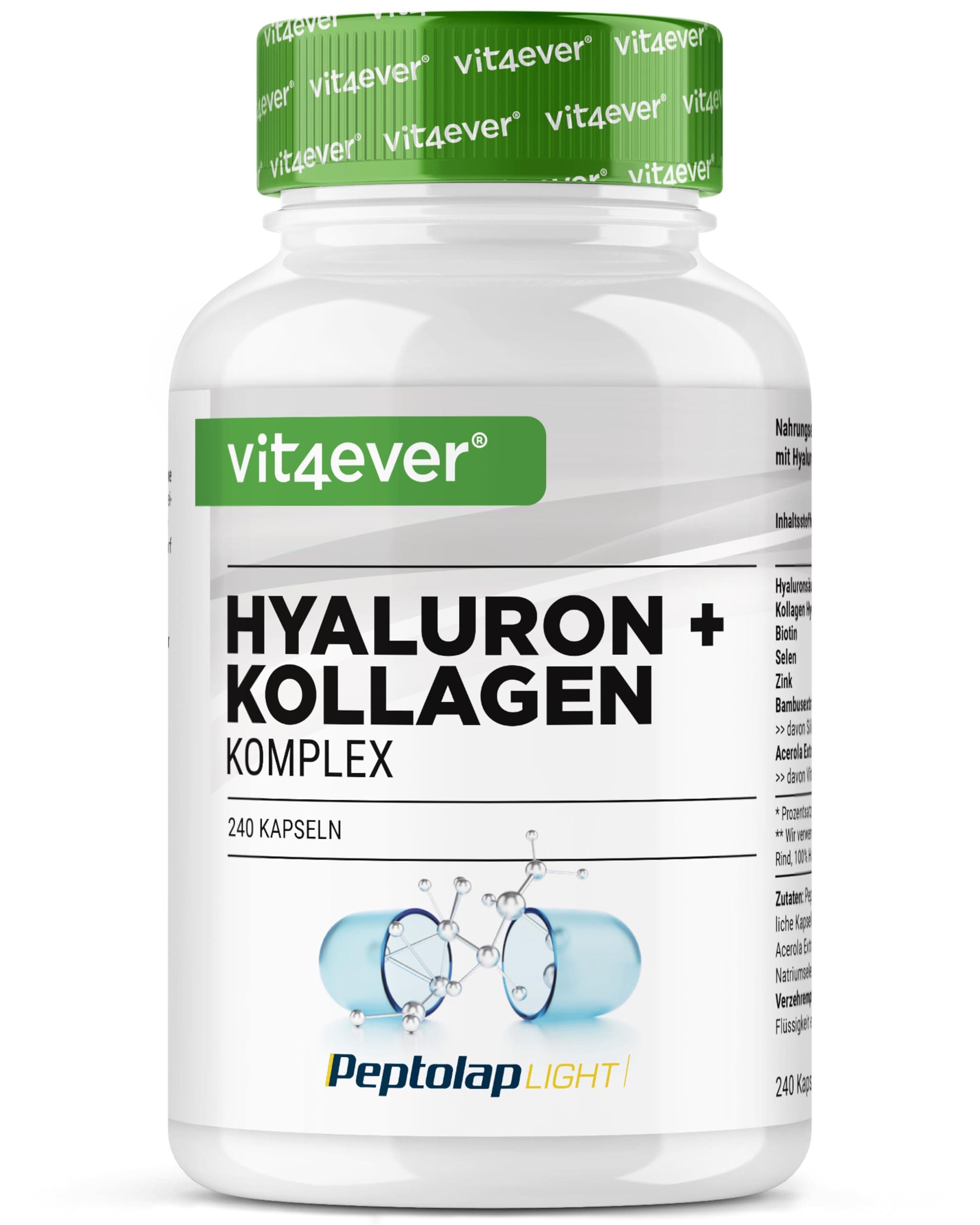vit4ever Hyaluronsäure Kollagen Komplex - 240 Kapseln - Premium: Mit bioaktives Biotin, Selen, Zink, natürliches Vitamin C aus Acerola & Silizium aus Bambus - Laborgeprüft