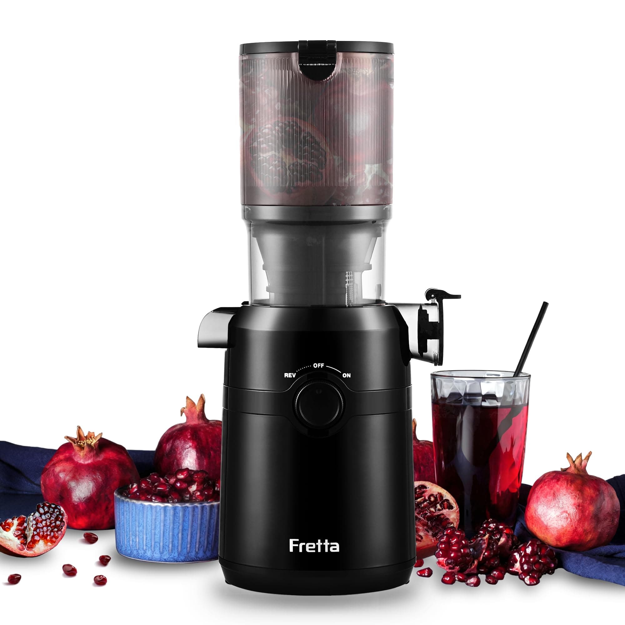Fretta Extractor de Zumos y Verduras, Apertura de 108MM y Capacidad de 1L, Licuadora Prensado en Frio para Verduras Frutas Enteras, 200W Slow Juicer Machine, Fácil Montaje y Limpieza, Sin BPA (Negro)