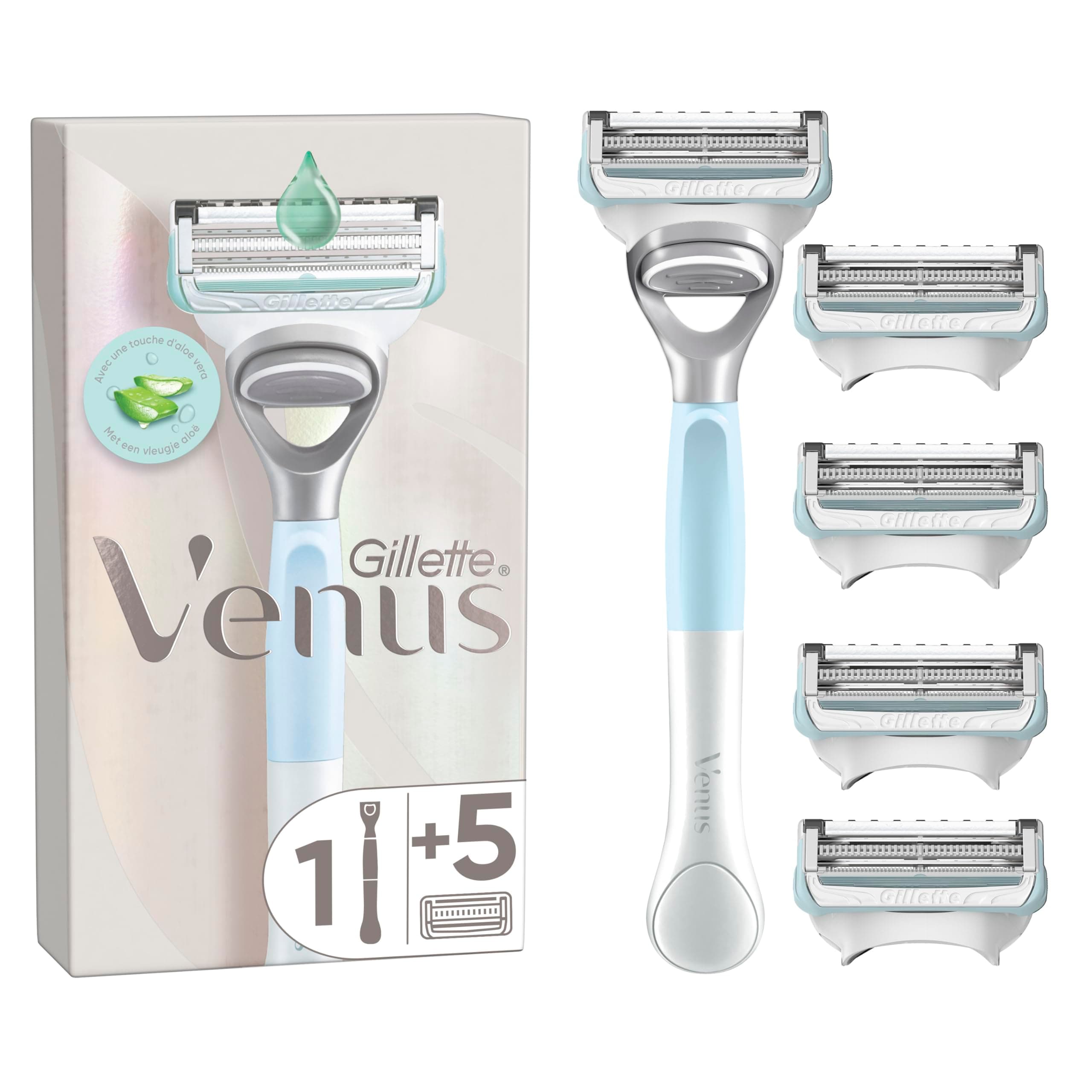 Gillette Venus Maquinilla De Depilación Para Mujer Para Ingles Y Zona Íntima, 1 Mango y 5 Recambios Con Barra Hidratante Con Aloe Vera, Ayuda a Proteger La Piel Púbica De La Irritación