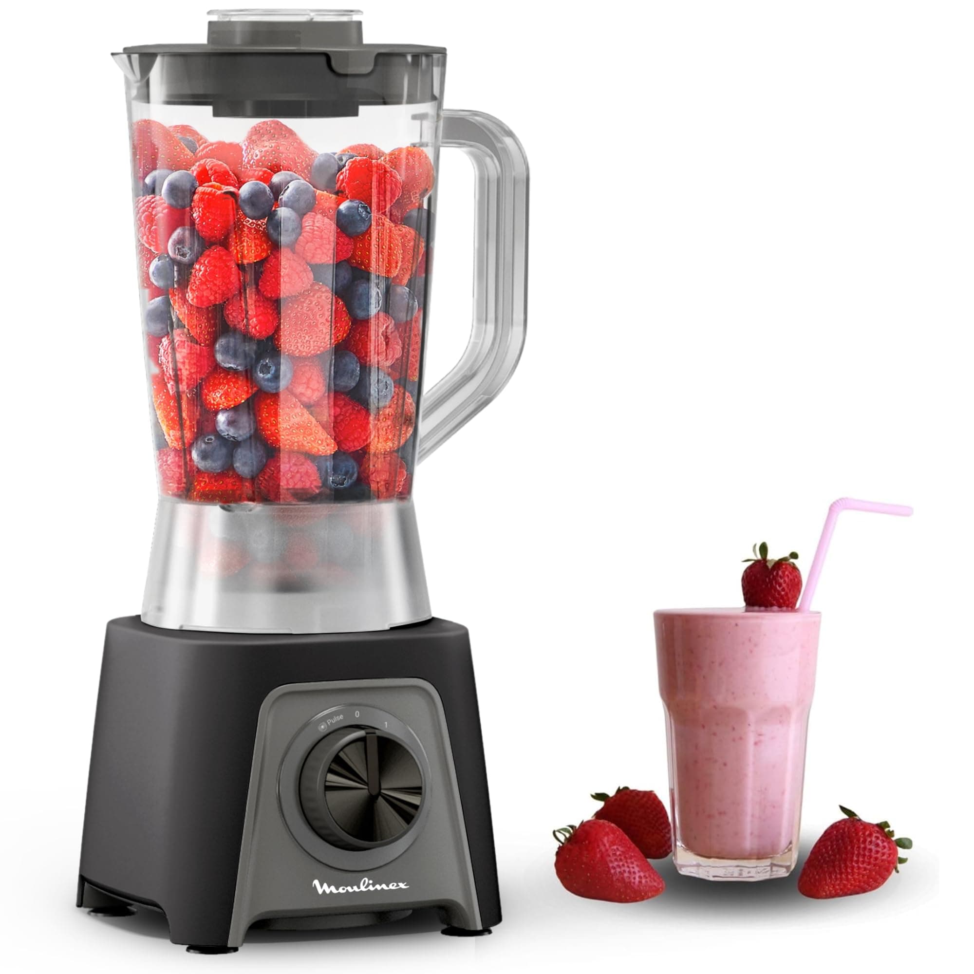 Moulinex Blendeo+, Batidora de vaso de 450 W, Jarra de 1,5 L, 2 velocidades + función Pulse, Pica hielo, Cuchillas extraíbles y muy resistentes, Gris, LM2C08F0