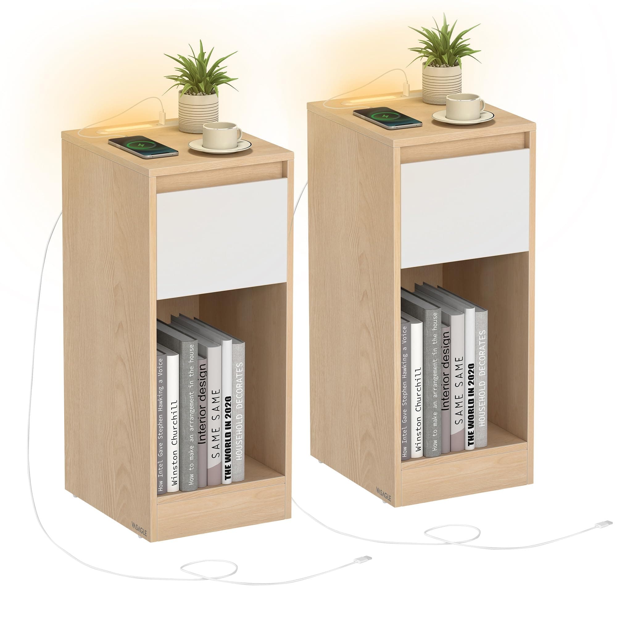 VASAGLE Juego de 2, Mesita de Noche Estrecha, Mesa Auxiliar, con Iluminación LED, 1 Puerto USB-A, 1 Puerto USB-C, Cajón y Compartimento, Dormitorio, Salón, Amarillo Almendra y Blanco Nube LET710Y01