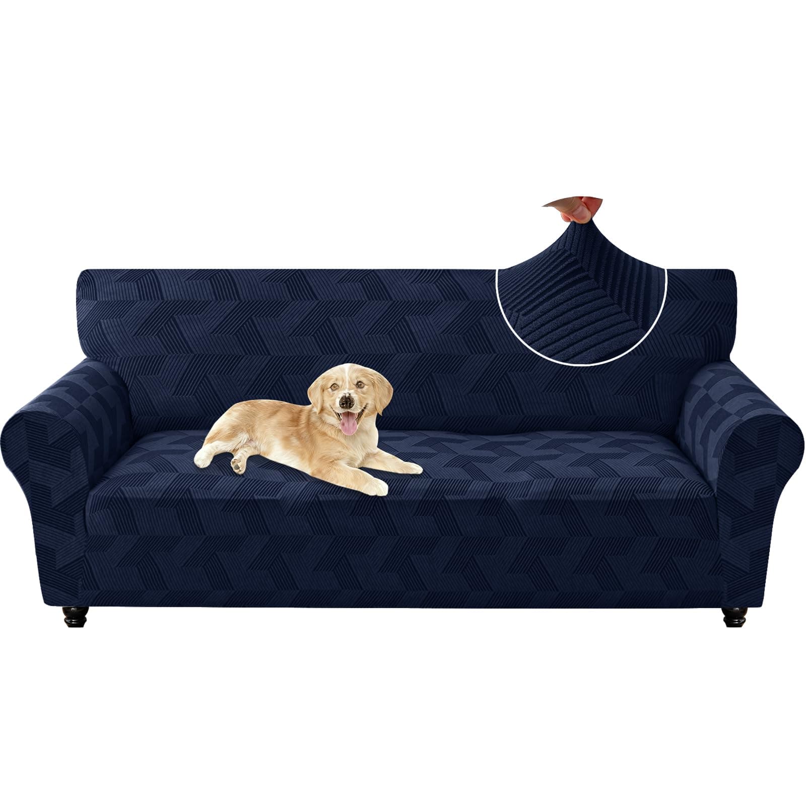 CYCMACO Copridivano Elasticizzato 3 Posti Con Braccioli, Elasticizzato Copridivano Universale, Spesso Fodera Divano Antimacchia Antiscivolo, Moderno, Antigraffio, Lavabile, Blu Scuro