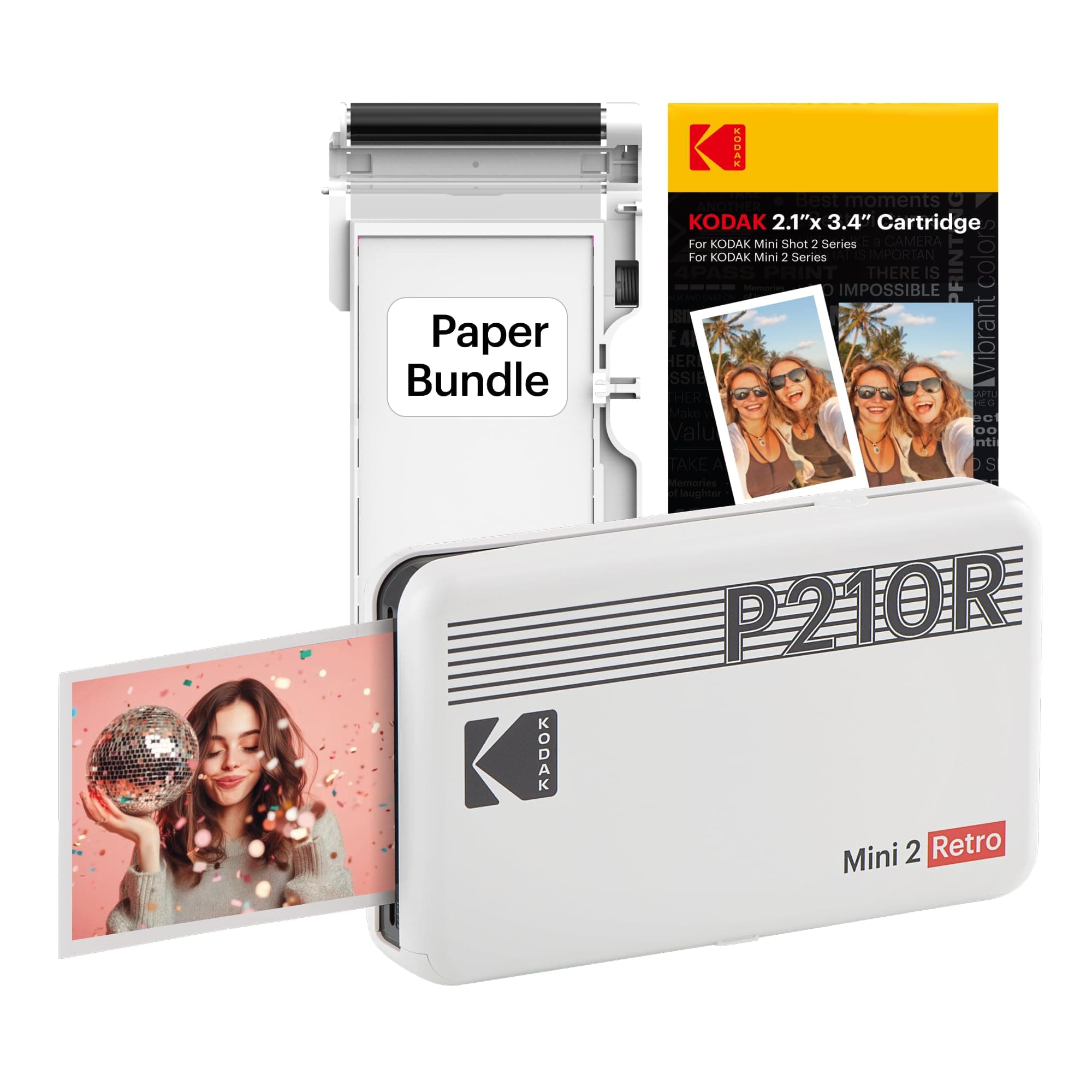 KODAK Mini 2 Retro 4PASS Stampante Fotografica Portatile (5.3x8.6cm) + Pacchetto con 38 Fogli, Bianco