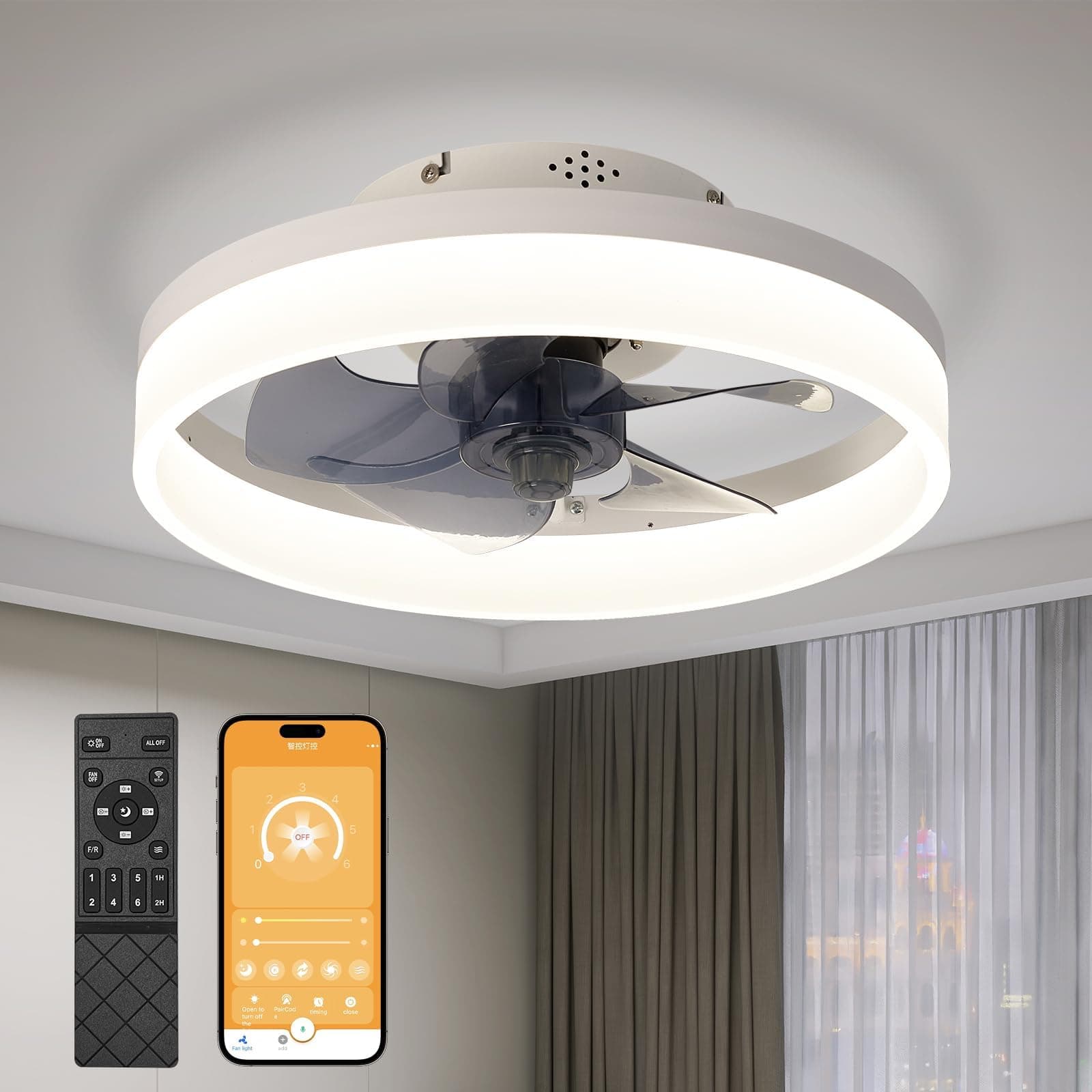 MOSSCO Silencieux Ventilateur Plafond 50 cm, Ventilateur de Plafond avec Telecommande, 6 Vitesses et vent Réversible，LED Dimmable, 3 Températures de Couleur en Option