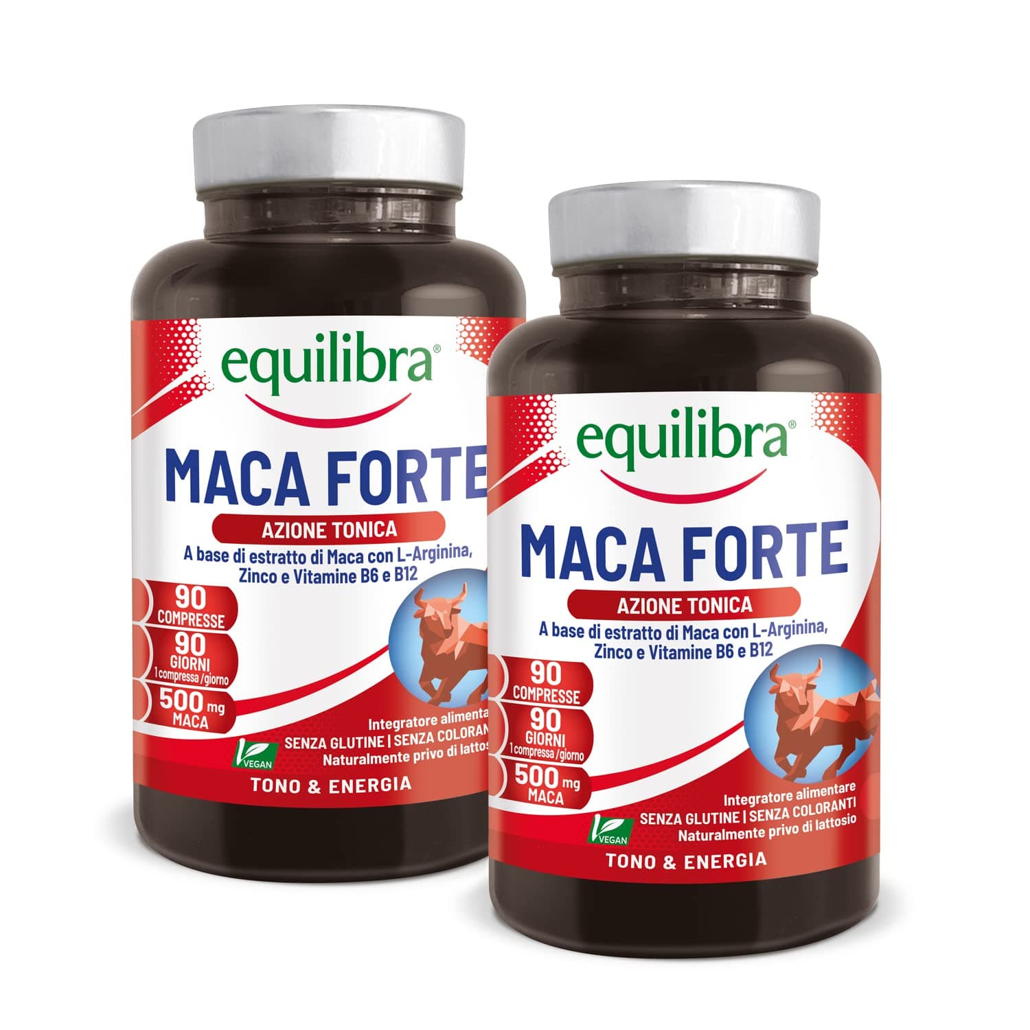 Equilibra Integratori Alimentari, Maca Forte, Tono e Vigore Fisico, Integratore Altodosato con Estratto di Radice di Maca Peruviana 500mg, L-Arginina, Zinco, Vitamine B6 e B12, 2 pezzi da 90 Compresse