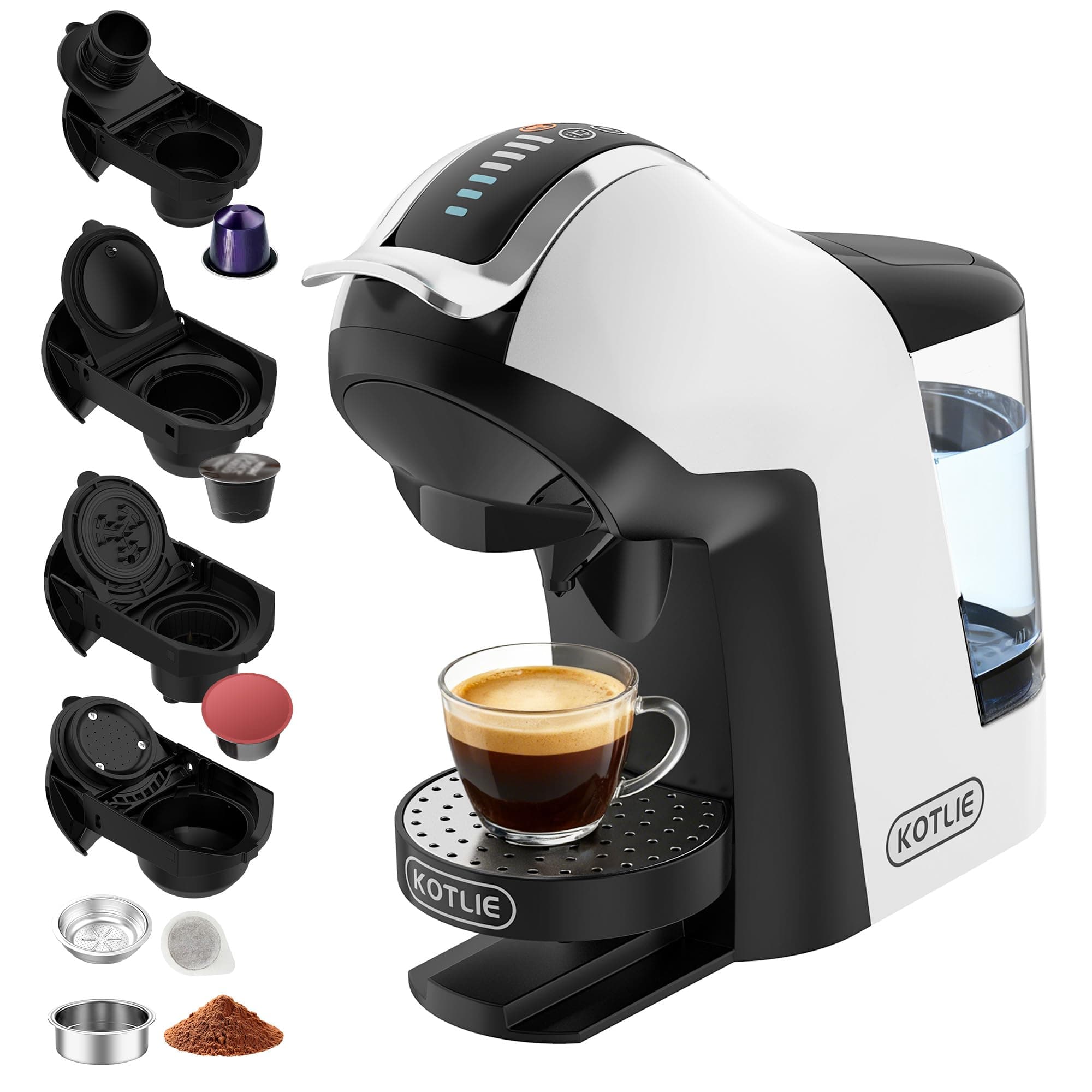 Upgrade Máquina de Cápsulas Café Espresso 5 en 1 19 Bar para Nespresso/Dolce Gusto/LAVAZZA MIO/LOR y Café Molido/ESE, Cafeteras Automáticas Pequeñas con Cápsulas, EM-308B (Blanco)