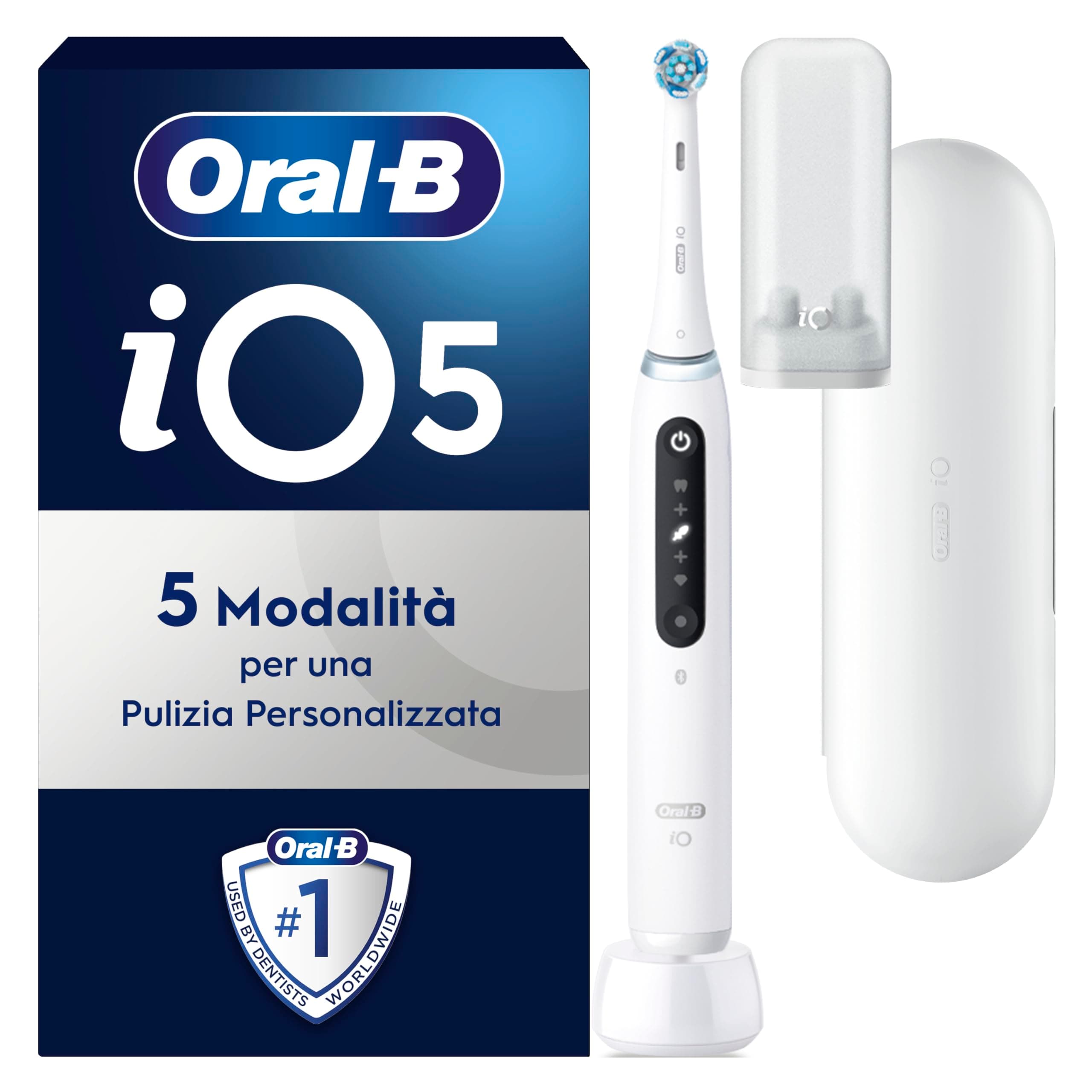 Oral-B Spazzolino Elettrico Ricaricabile iO 5N, Sensore di Pressione, 5 Modalità di Spazzolamento, 1 Spazzolino Elettrico Oral B, 1 Testina, Custodia da Viaggio, Bianco, Idea Regalo
