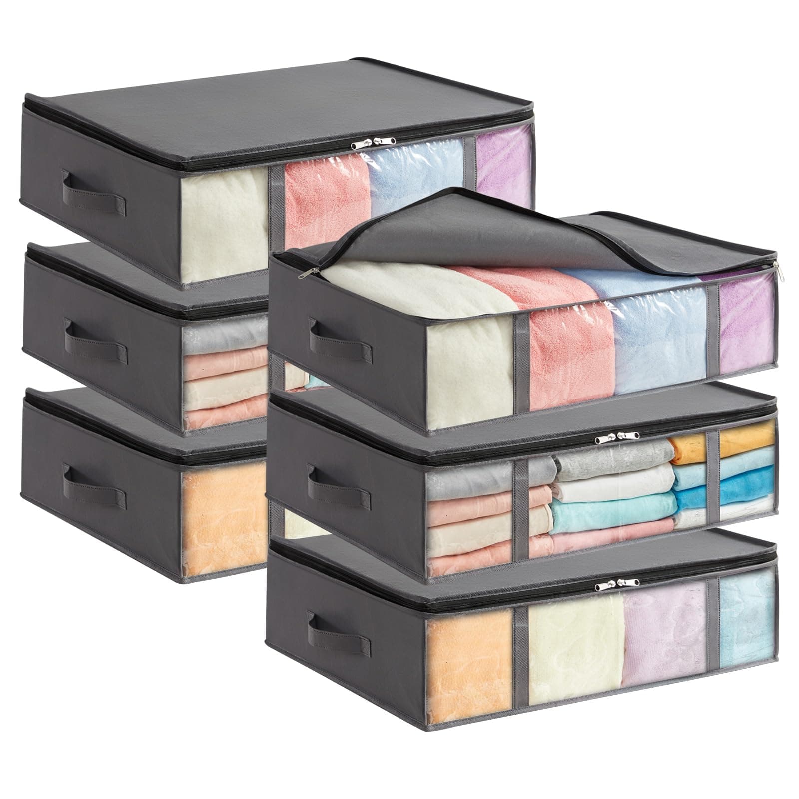 Lifewit 6 Stück 40L Unterbett Aufbewahrungsbox, Faltbare Unterbettkommode Aufbewahrungstasche Storage Boxes mit Deckel, Unterbett Aufbewahrung für Kleider Unterbett Kleiderschrank, Grau