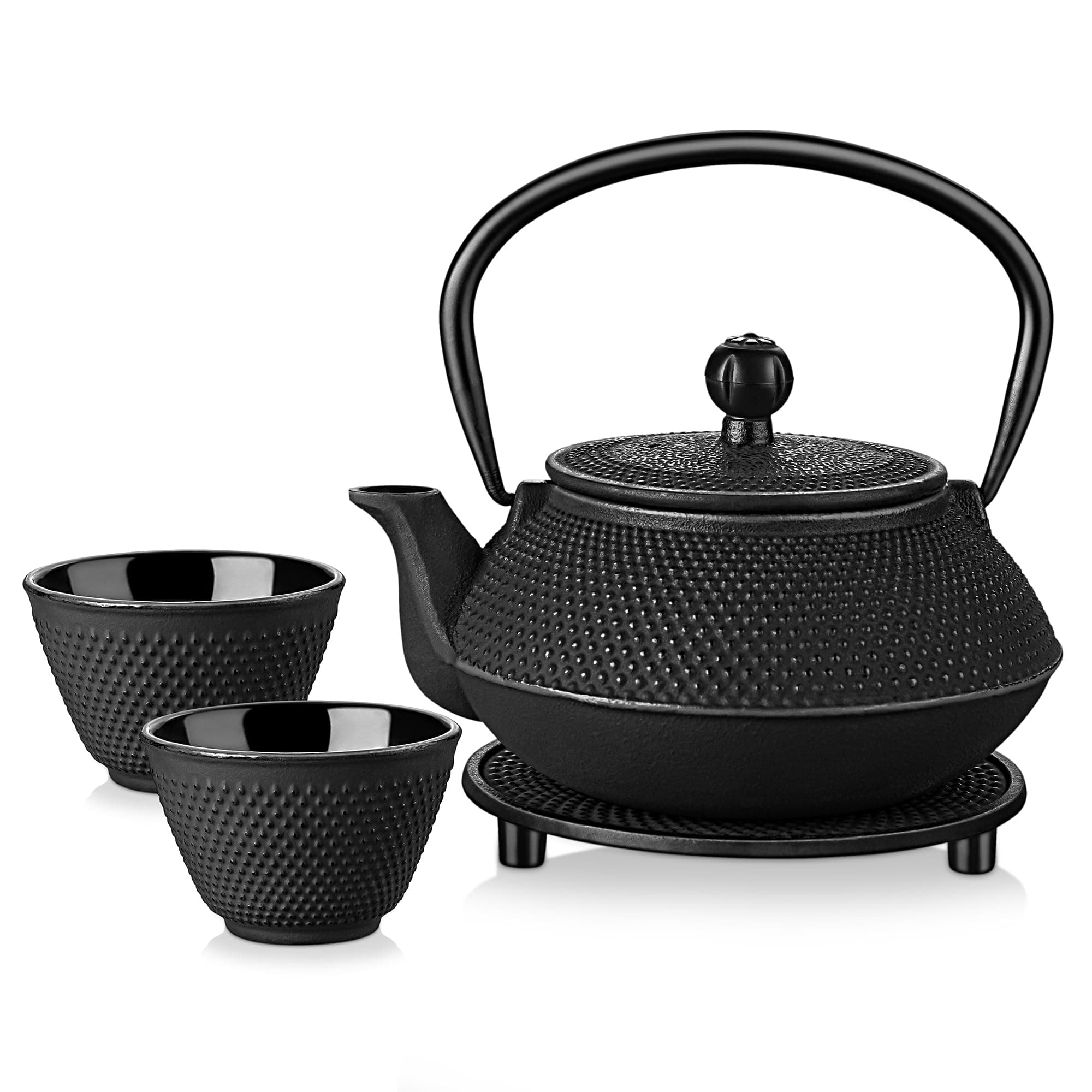 Velaze Théières et 2 Tasses de Thé avec Infuseur, Théière Induction Emaillé Noir de 700ML, Set Teapot en Fer Traditionnel avec Panier en Inoxydable, Plateau en Fonte