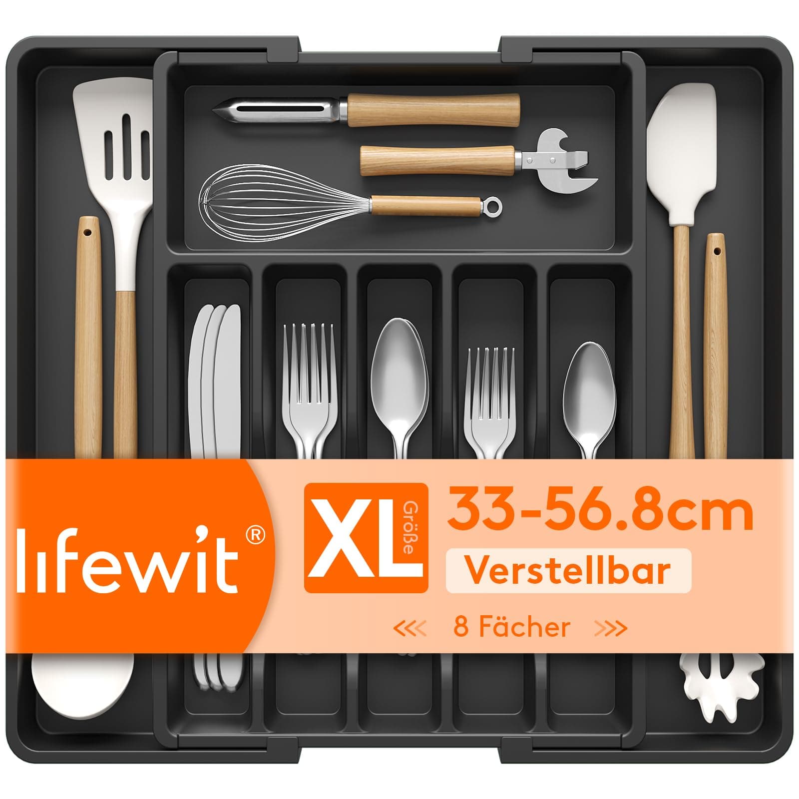 Lifewit Besteckkasten für Schubladen, verstellbarer Kunststoff Organizer Küche Tiefe 42,4 cm, Besteckeinsatz 6-8 Fächer, erweiterbar bis 57 cm, für Löffel und Gabeln, Schwarz, extra Groß