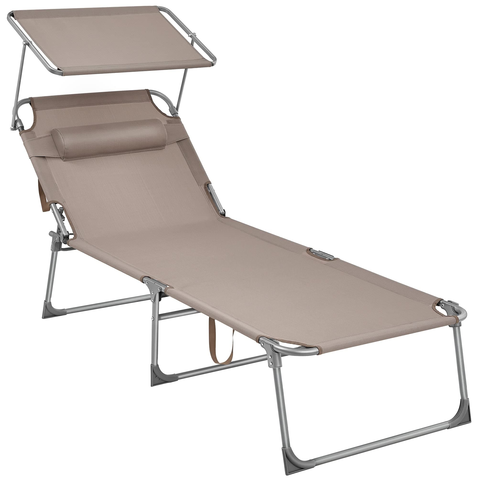 SONGMICS Große Sonnenliege, klappbarer Liegestuhl, 71 x 200 x 38 cm, Belastbarkeit 150 kg, mit Sonnenschutz, Kopfstütze und Verstellbarer Rückenlehne, für Garten Pool Terrasse, Taupe GCB022K01