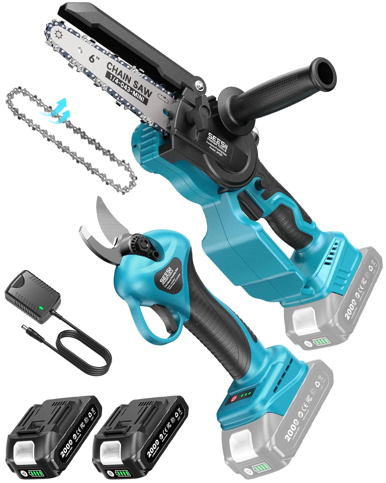 SEESII 6 Pouces Mini Tronçonneuse & 33 mm Sécateur Électrique Sans Fil, 2-en-1 Kit Outil de Jardin avec 2 × 2000 mAh Batteries, Moteur Brushless, Idéal pour Coupe de Troncs et Branches