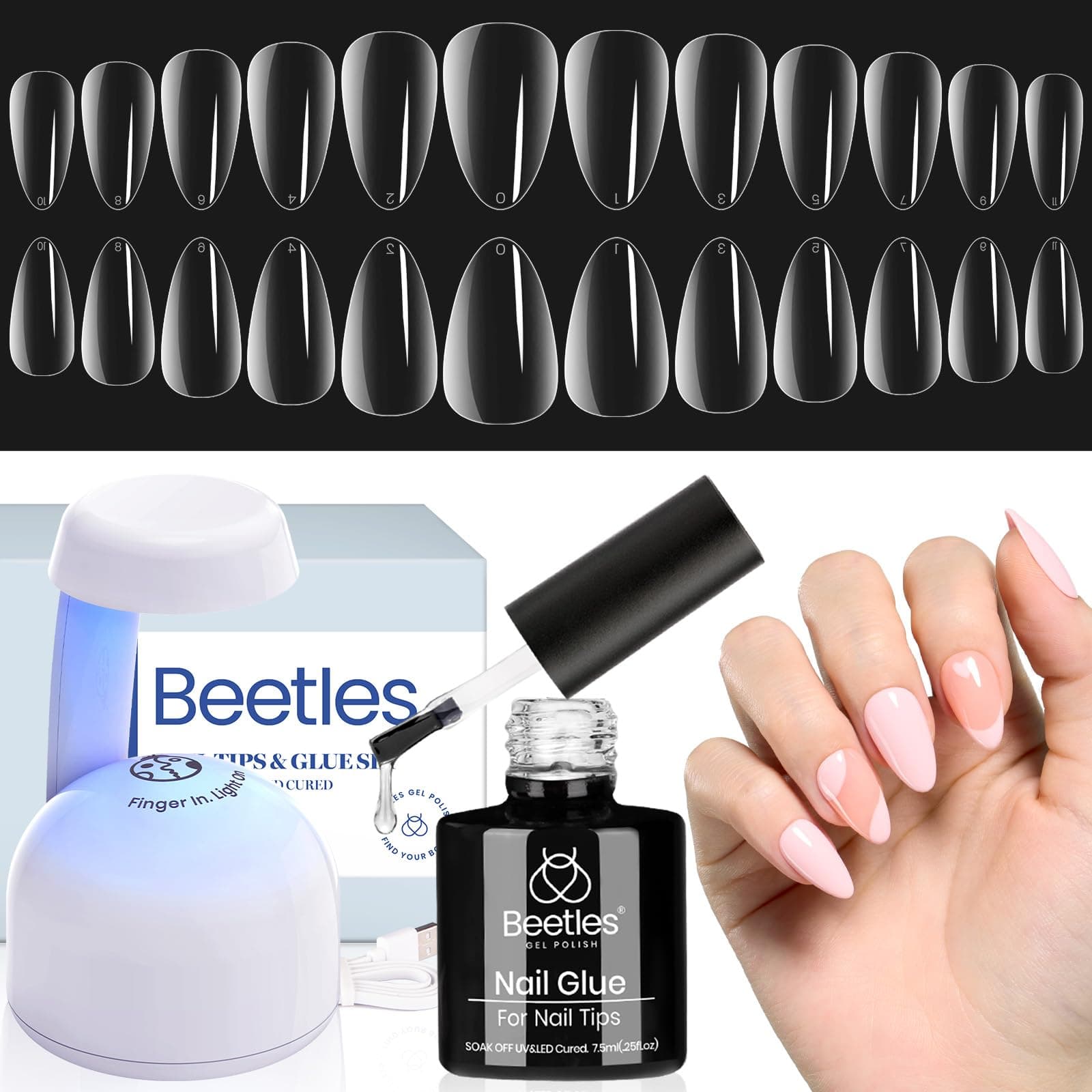 Beetles Gel-Nagelspitzen-Set Mandel mit 9-in-1-Nagelkleber und UV-LED-Lampe, 500pcs Gel Nagel Tip einfaches Verlängerungsset kurze Mandelform Acryl-Falschspitzen DIY Nagelkunst Geschenke für Frauen