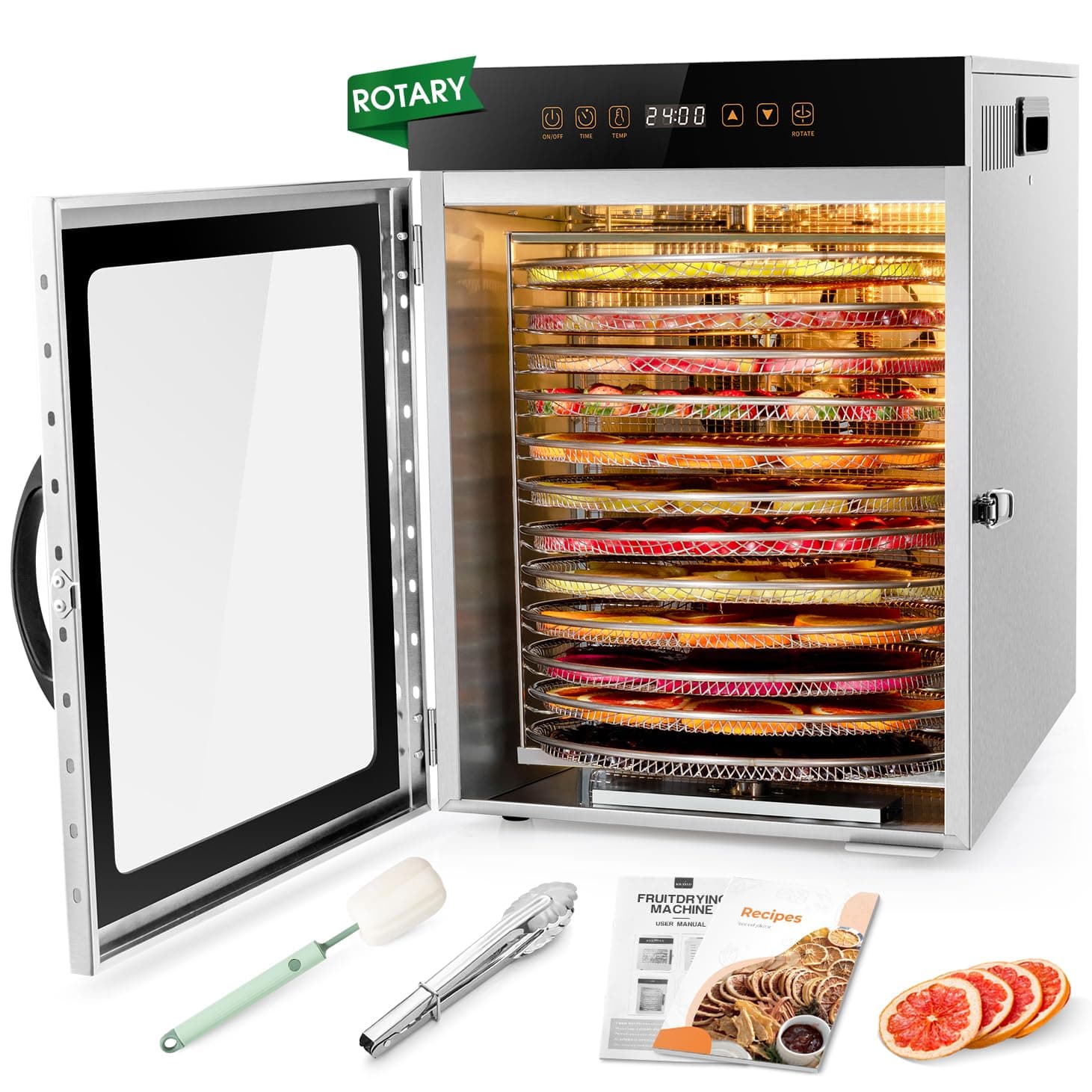 Kwasyo Deshydrateur Alimentaire avec 12 Rotatif Plateaux en Inox - Double ventilateur Séchage efficace à 720° - Deshydrateur Viande, Fruits, Champignons - 1000W Déshydrateur Alimentaire Inox