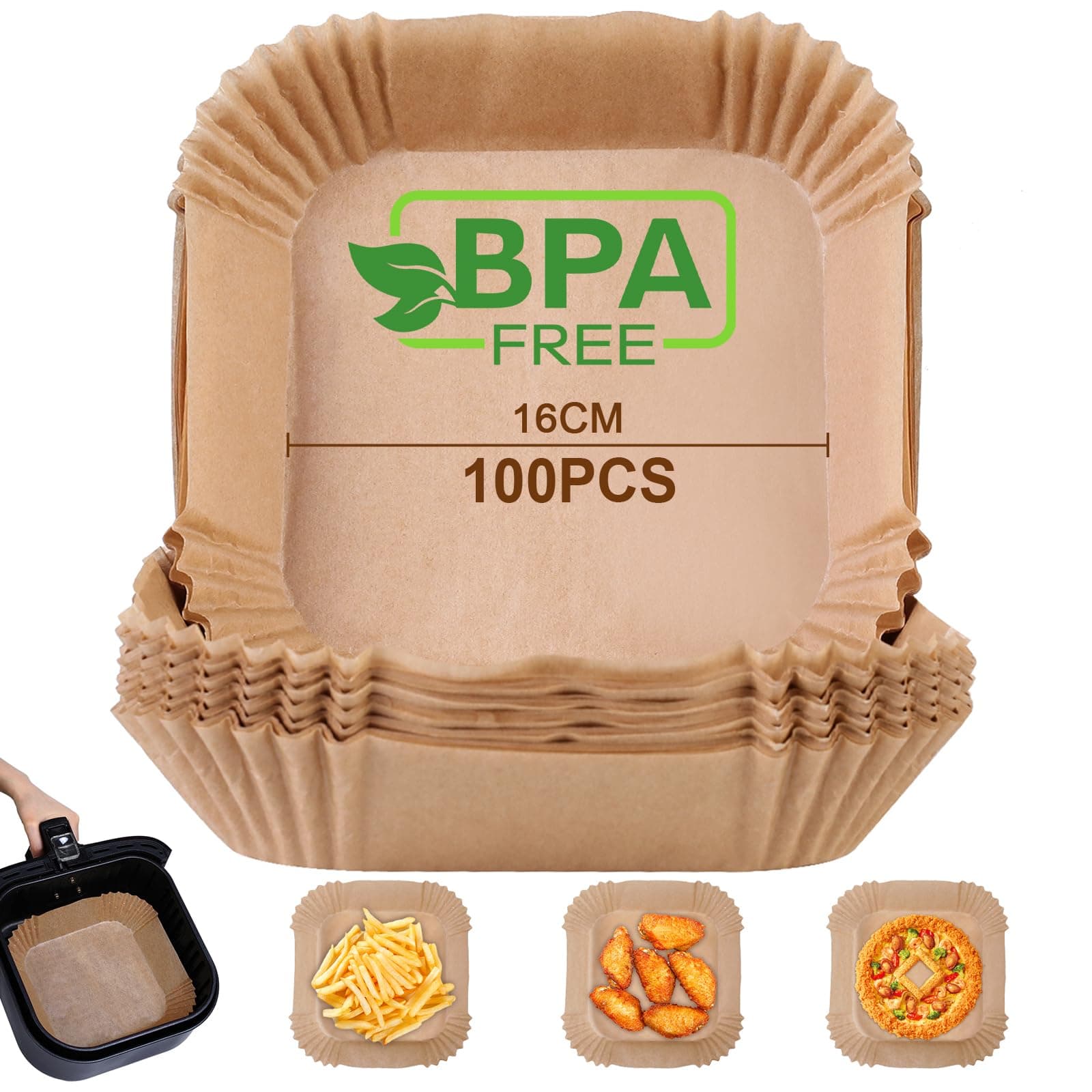 AiQInu Papier Sulfurisé pour Air Fryer, 100 Pièces 16cm Papier Cuisson Paper Liner, Food-Grade BPA gratuit, Jetable Antiadhésive Sans Huile Papier Parchemin Accessoires pour 4.5-6L Friteuse