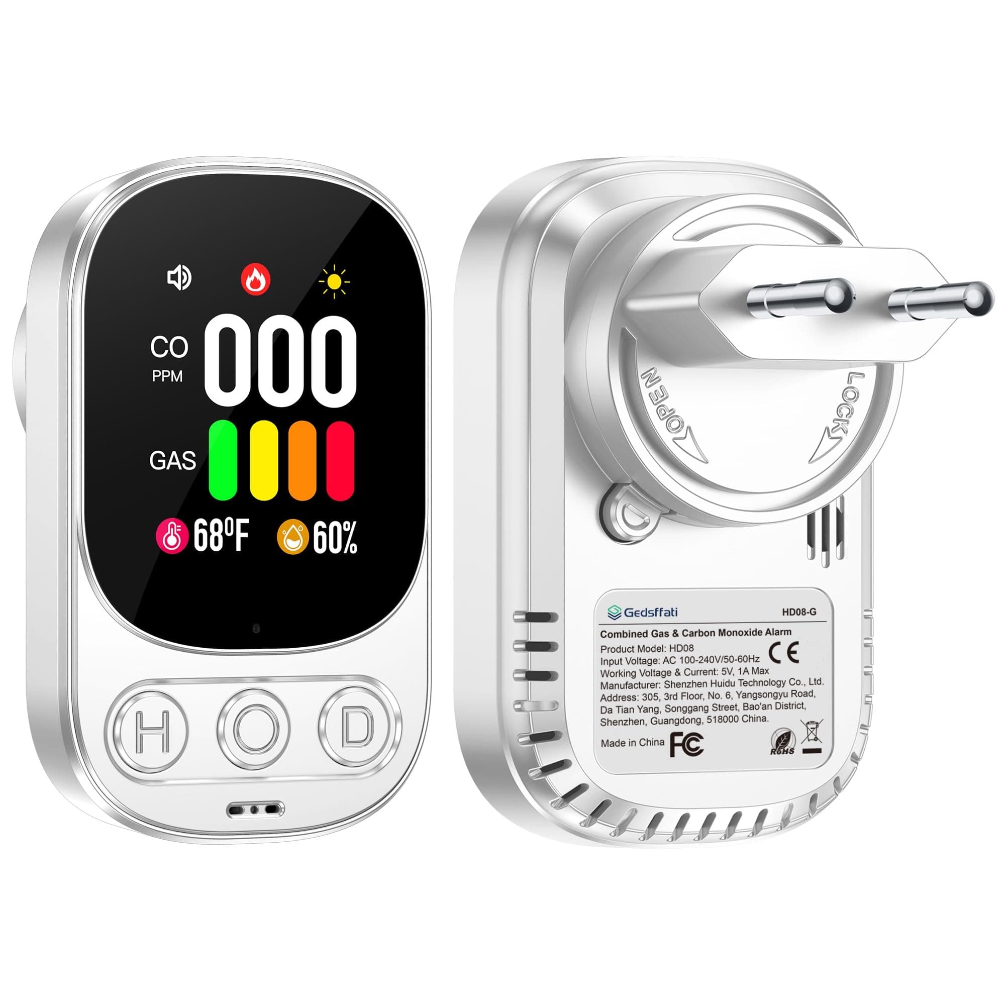 Gedsffati Rilevatore di Gas e Monossido di Carbonio con Spina per Casa, Allarme di CO, Rivelatore di Gas Combustibile per Gas Naturale LPG Metano Propano Butano, Bianco, HD08-G
